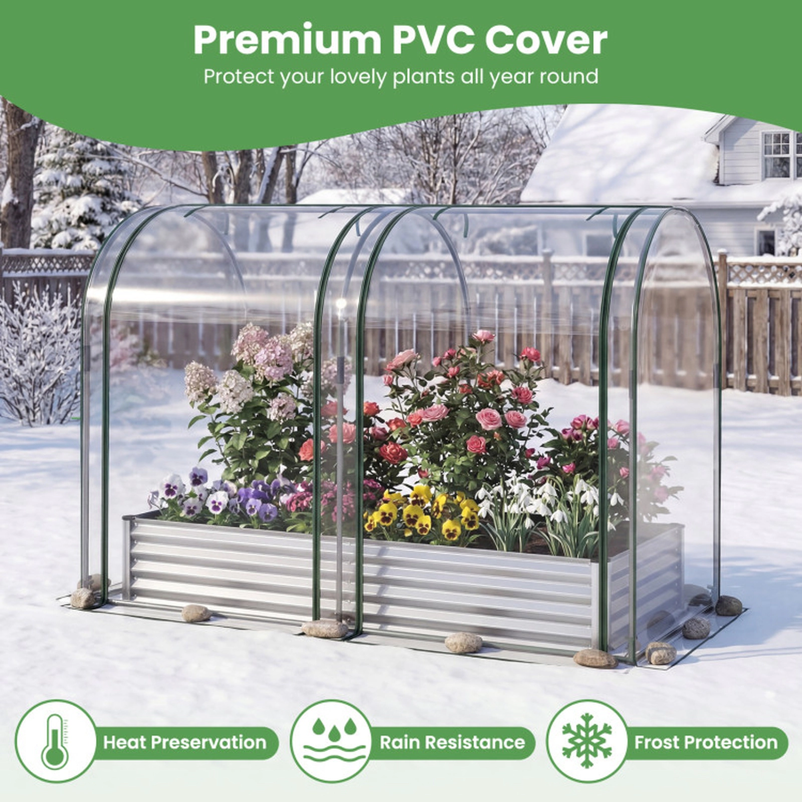 SUGIFT 6-ft x 3-ft 130-gal Galvanized Raised Garden Bed with PVC Greenhouse Cover and 2 Roll-Up Windows