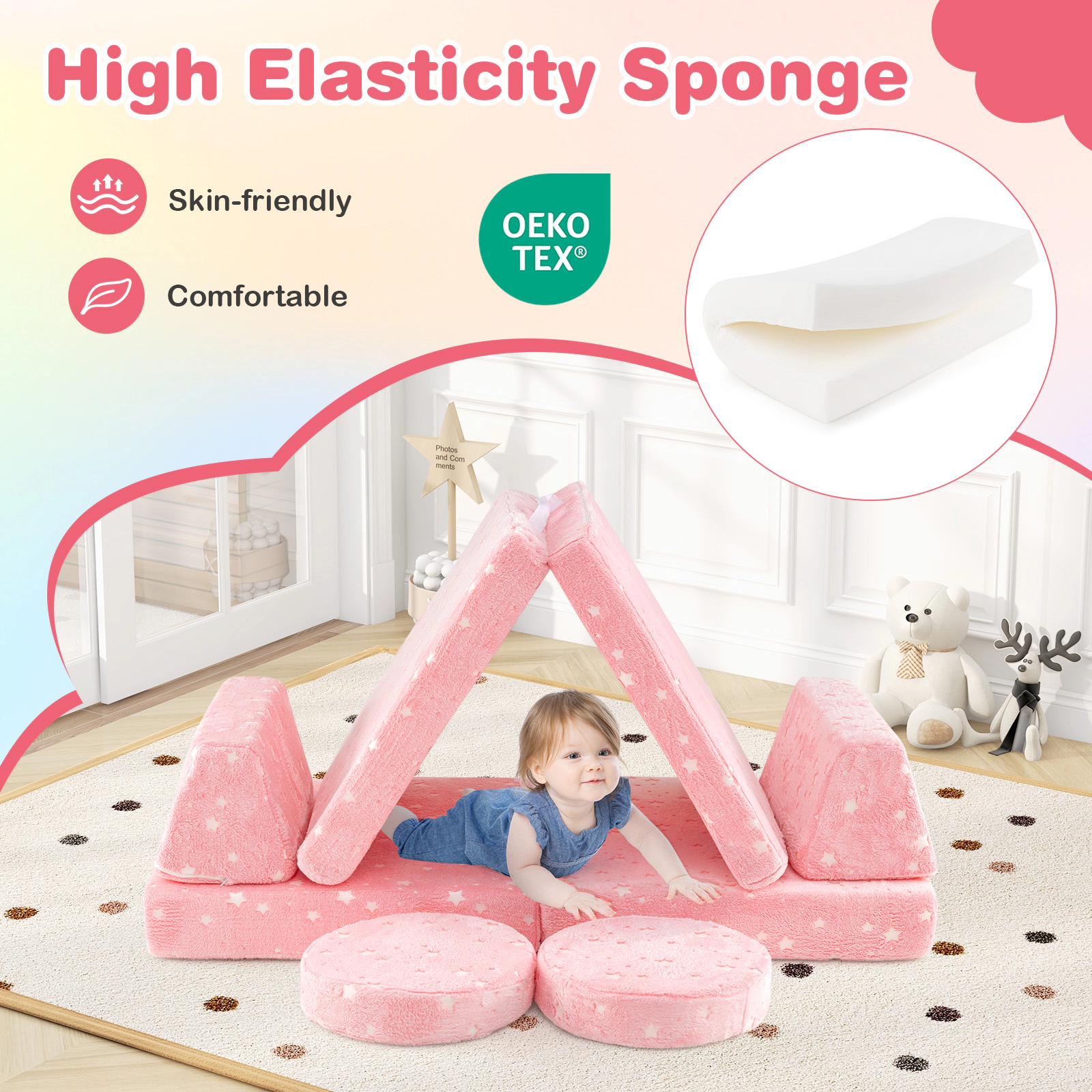 Modular Kids Play Couch Set Toddler Foam Sofa with Glow in the Dark Print Portable Handles and Machine-Washable Pink
