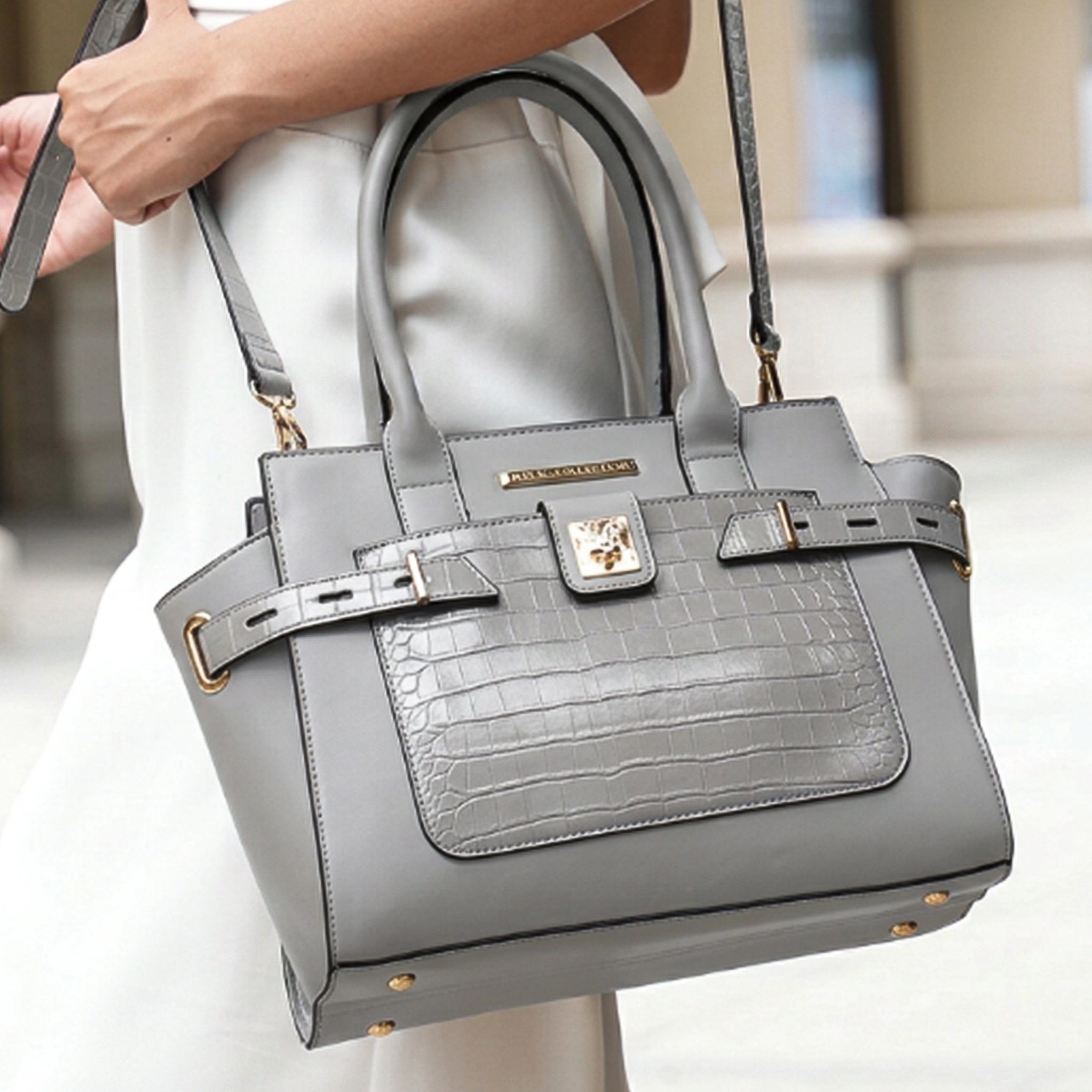 Mia K Collection Isla Satchel Bag - Vegan Leather Satchel with Croc-Embossed Detail and Matching Wallet