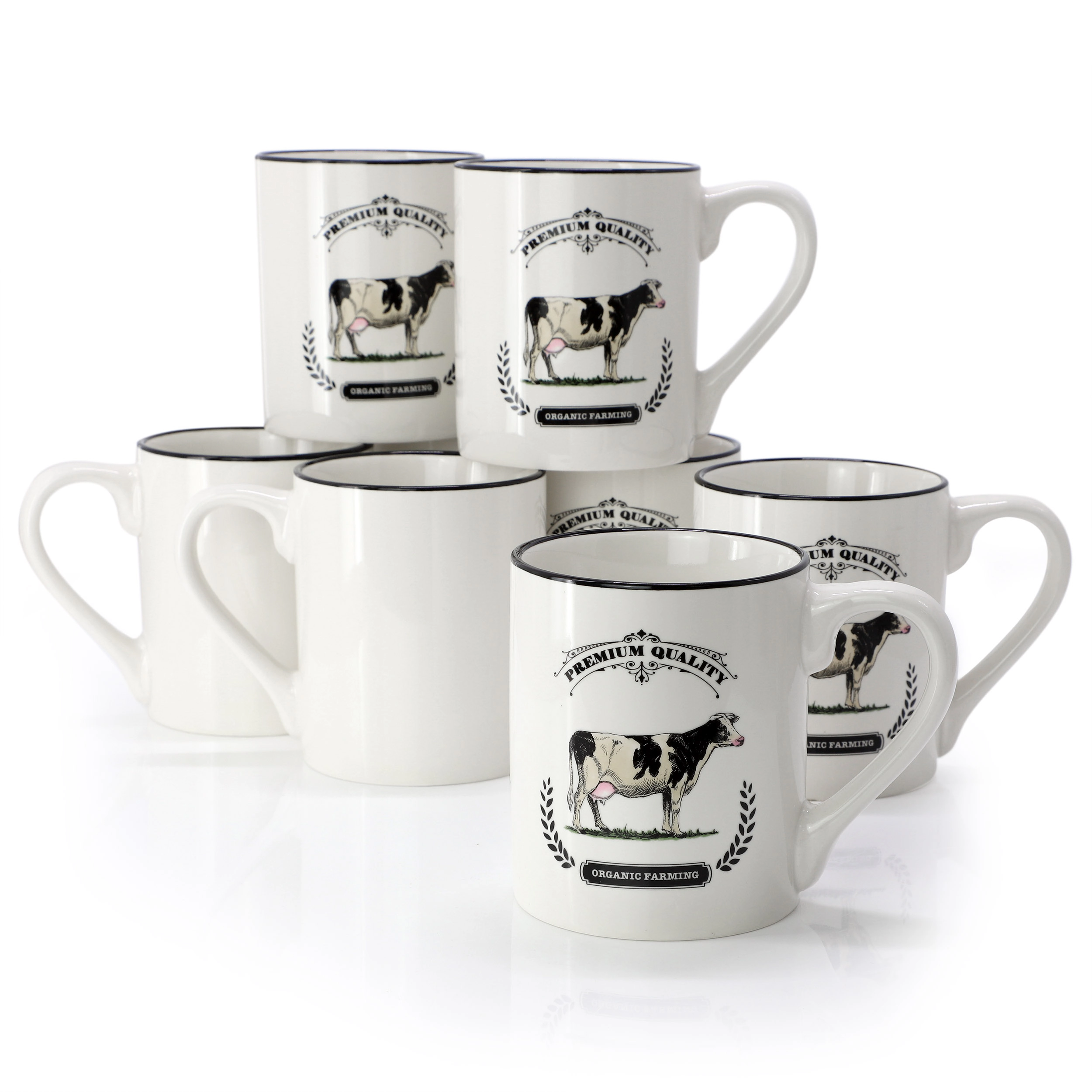 Gibson Home Barn Animals 8 Piece 17 Ounce Decorated Cow Mugs in White and Black