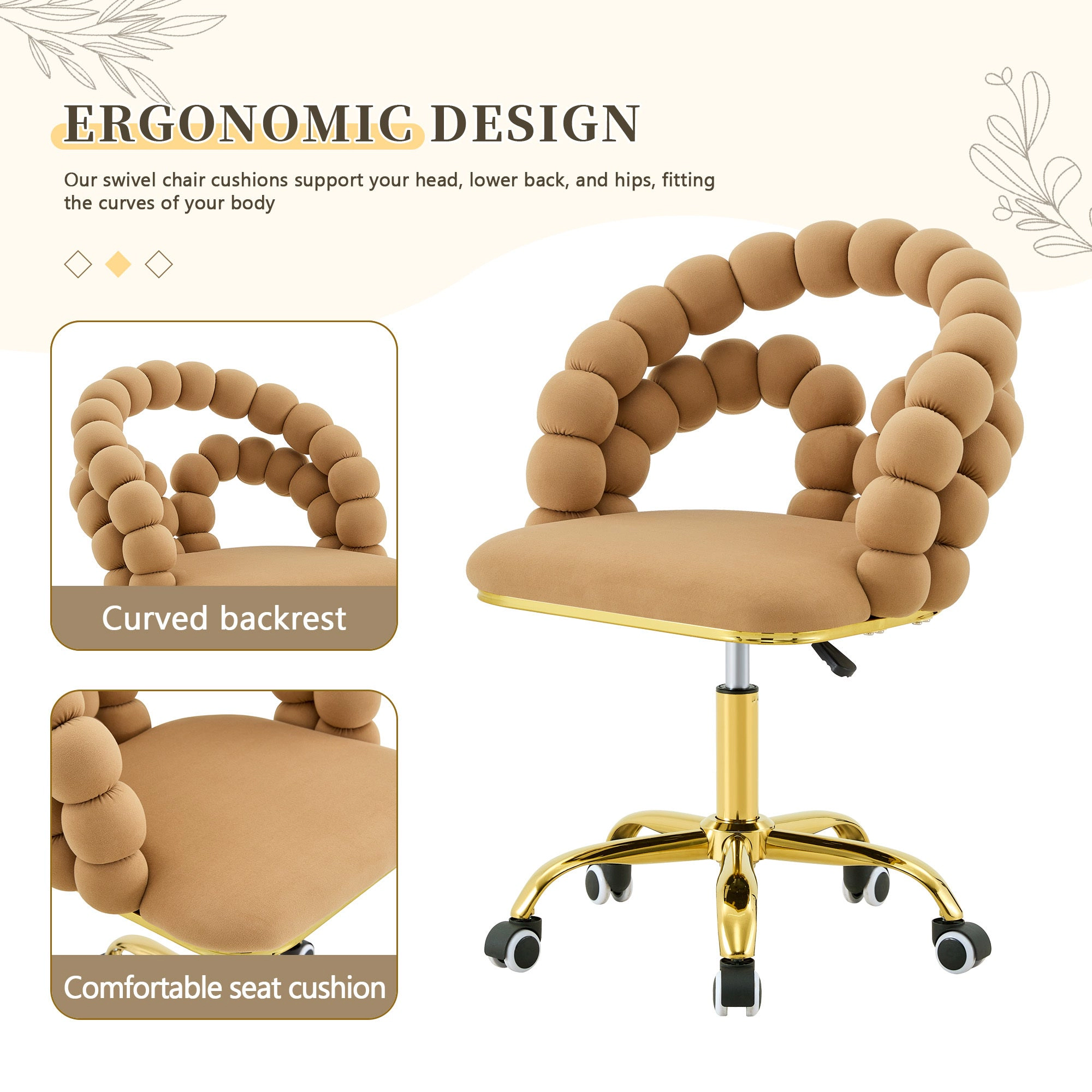 Platinum-Level Office Chairs Brown Velvet Ball Chain Bubble Vanity Chair with Gold Base