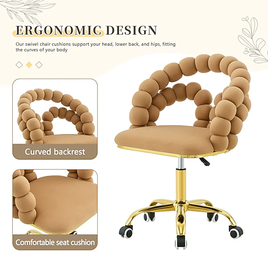 Platinum-Level Office Chairs Brown Velvet Ball Chain Bubble Vanity Chair with Gold Base