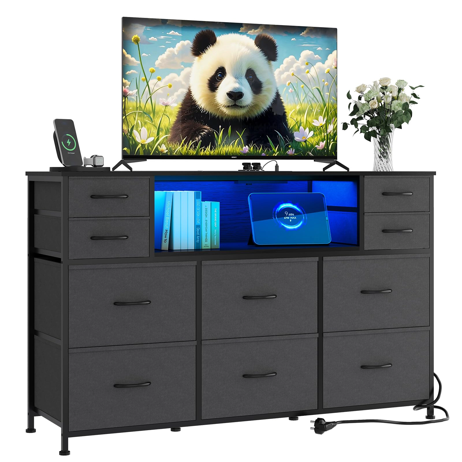 10 Drawer Fabric Dresser, TV Stand with RGB LED Lights & Power Outlet for 45"-55"