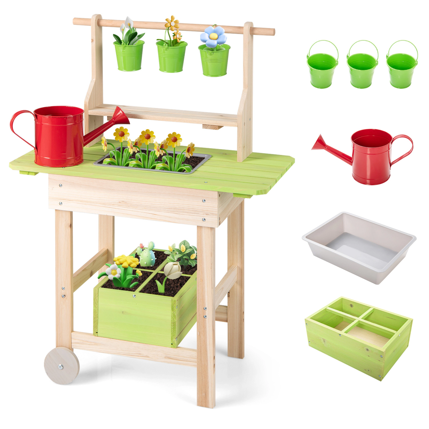 Hivvago Kids Mud Kitchen with Removable Pots  Watering Can Planting Trough and Storage Box