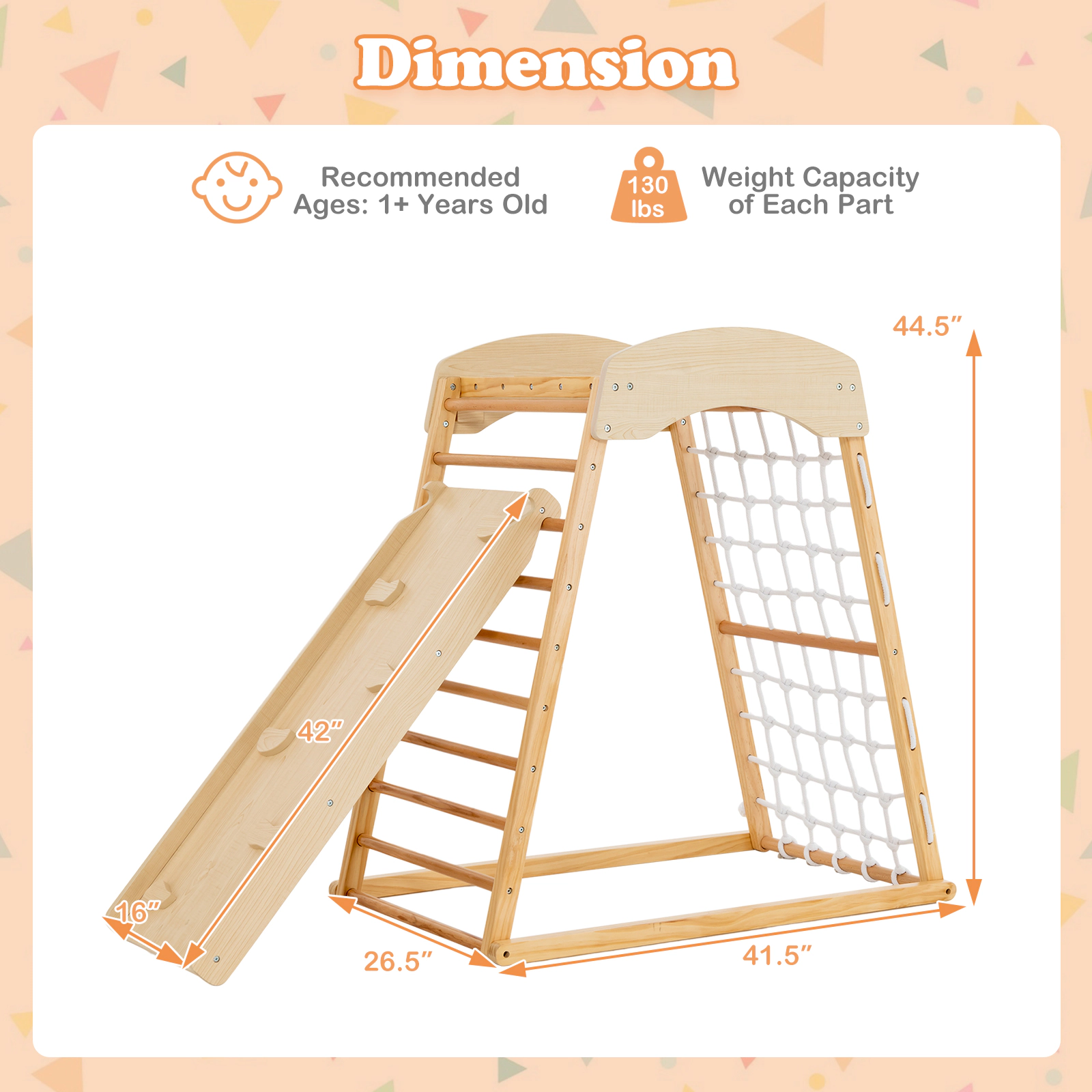 6-in-1 Wooden Jungle Gym Indoor Playground Tool-Free Adjustable Ramp Monkey Bars Floor Anchors 130-lb Ages 1+ Natural