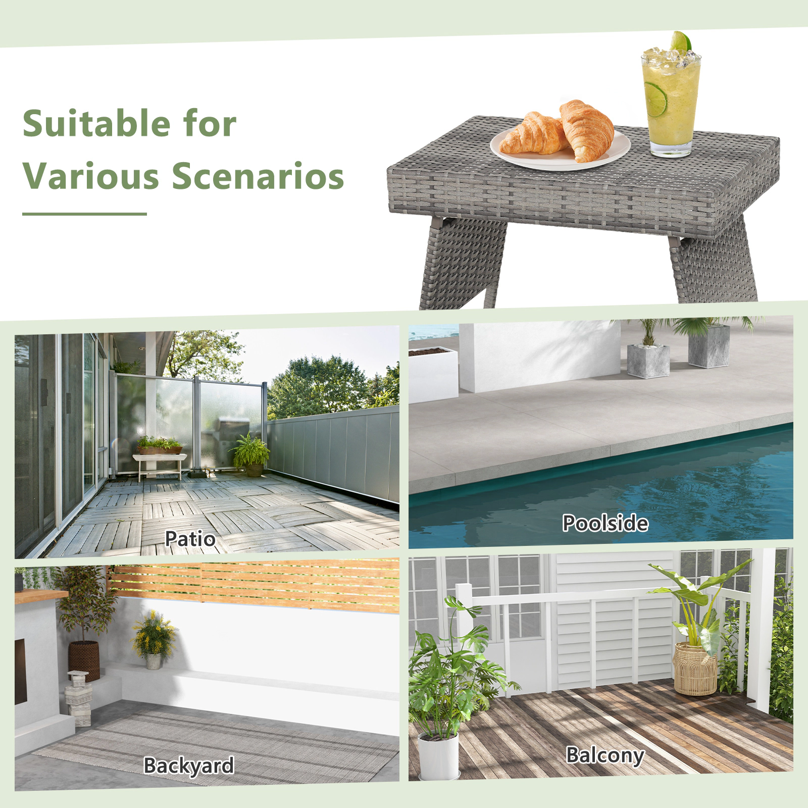 SUGIFT Gray Folding PE Rattan Outdoor Side Table, 23.5 in