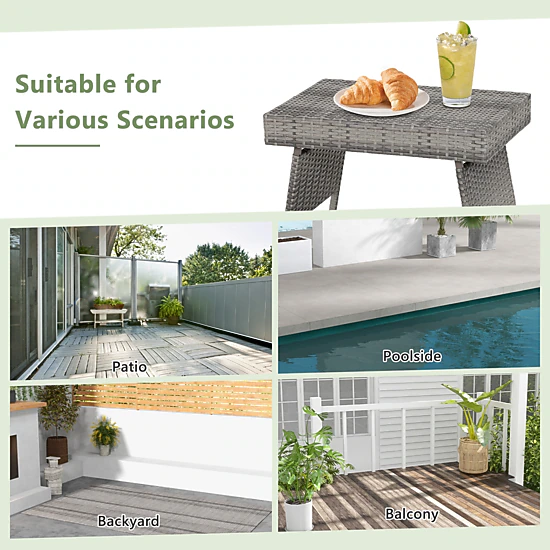 SUGIFT Gray Folding PE Rattan Outdoor Side Table, 23.5 in