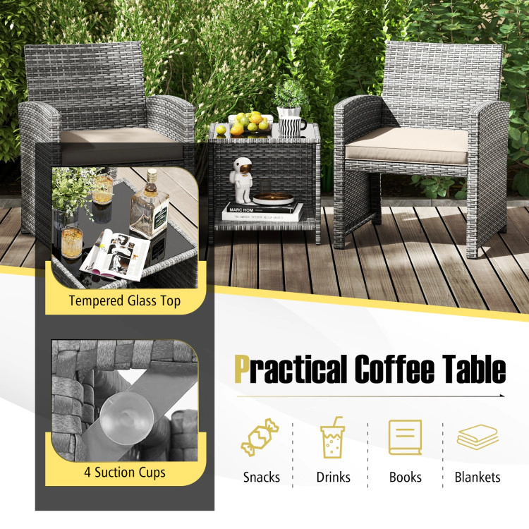 Hivvago 3 Pieces Patio Furniture Set With Tempered Glass Coffee Table And Soft Seat Cushions