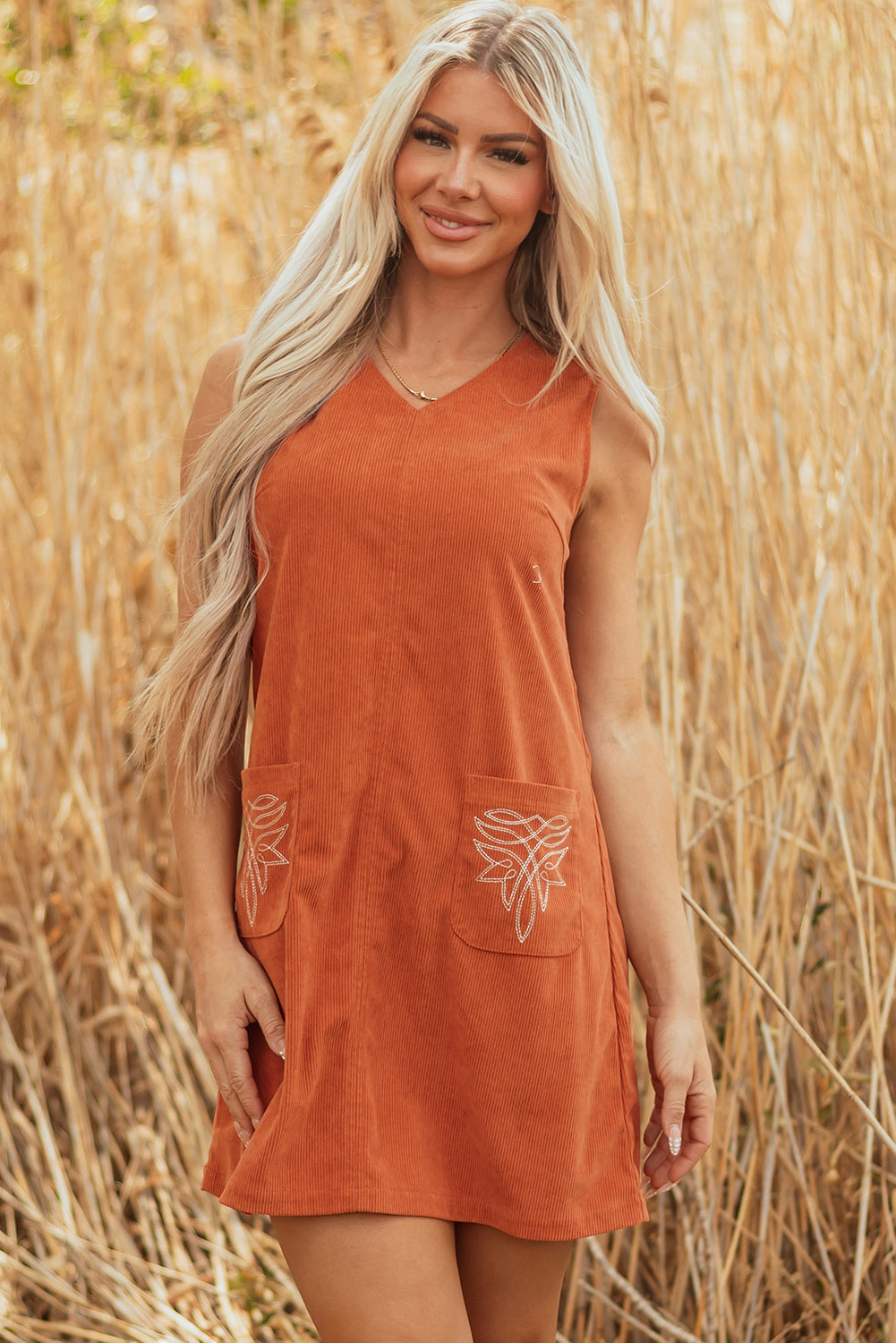 Threaded Pear Women's Molly Corduroy Western Embroidered Patched Pocket Mini Dress