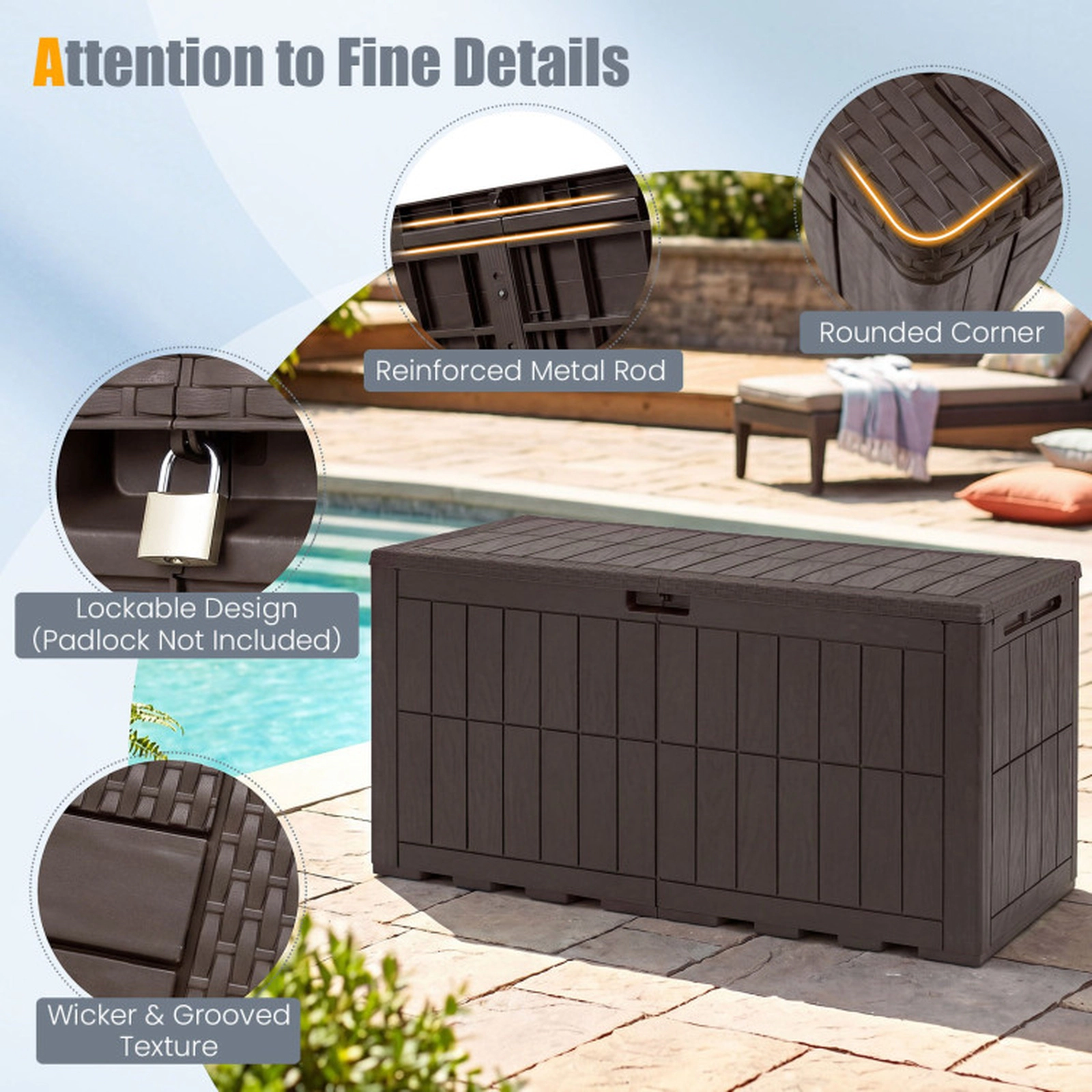 SUGIFT 120 Gal Outdoor Deck Storage Box with Hydraulic Lid and Handles 540-lb Seating Capacity Dark Brown