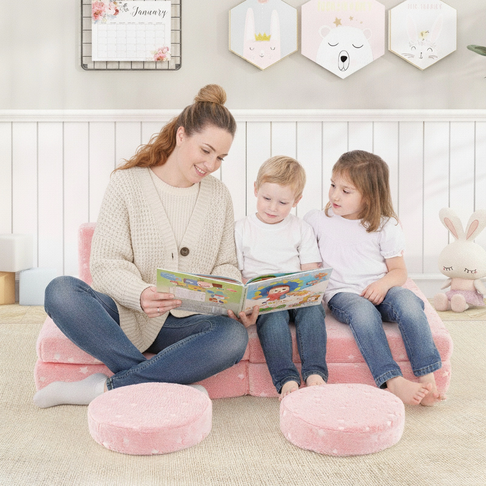 Modular Kids Play Couch Set Toddler Foam Sofa with Glow in the Dark Print Portable Handles and Machine-Washable Pink