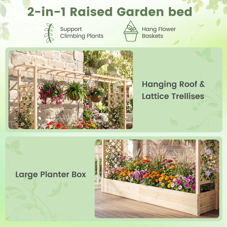 Hivvago 45 Inch Tall Wooden Raised Garden Bed with Side Trellis and Hanging Roof Drainage Holes
