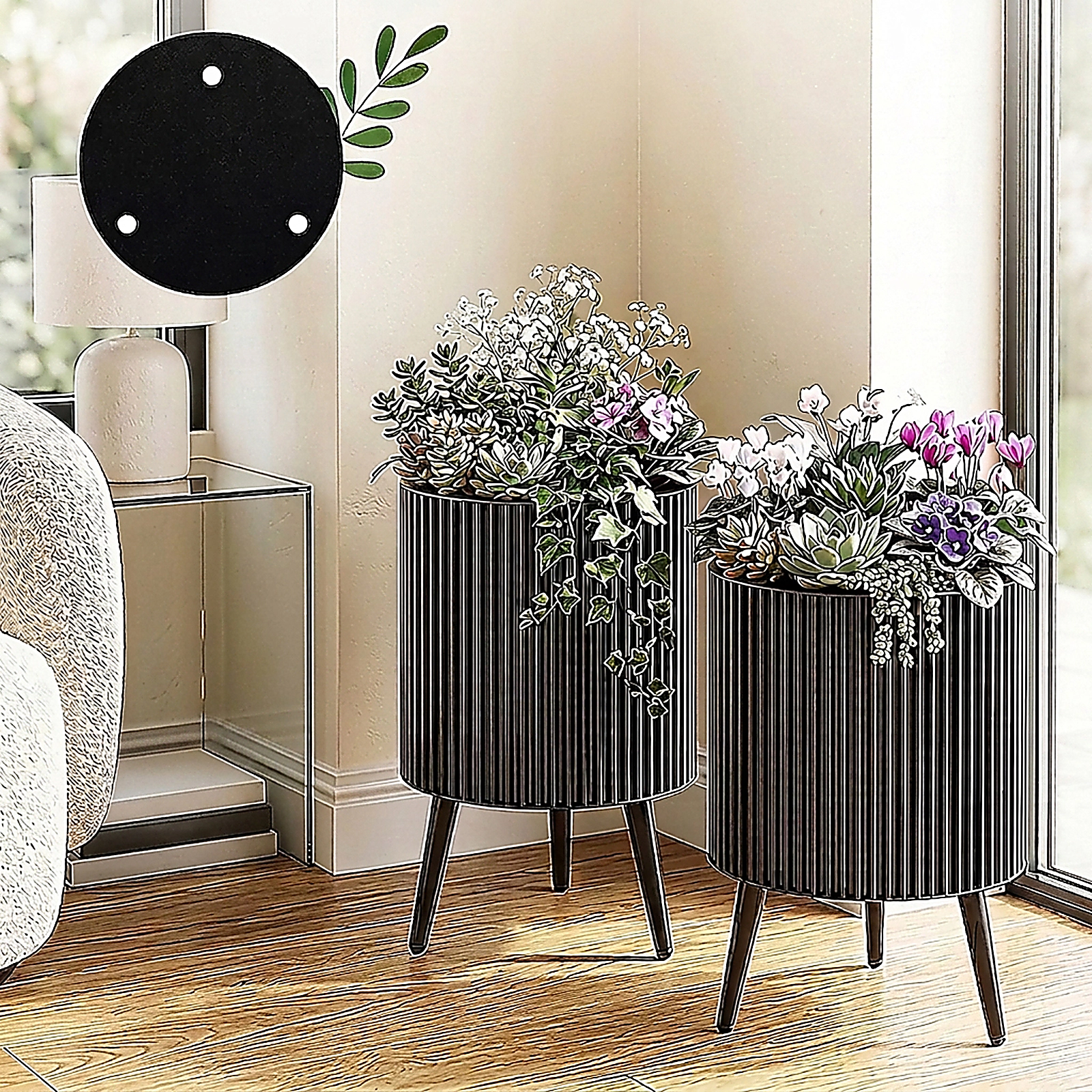 SUGIFT Set of 2 22-in Tall 110-lb Per-Pot Capacity Fluted Metal Flower Pots with Stand and 3 Drain Holes