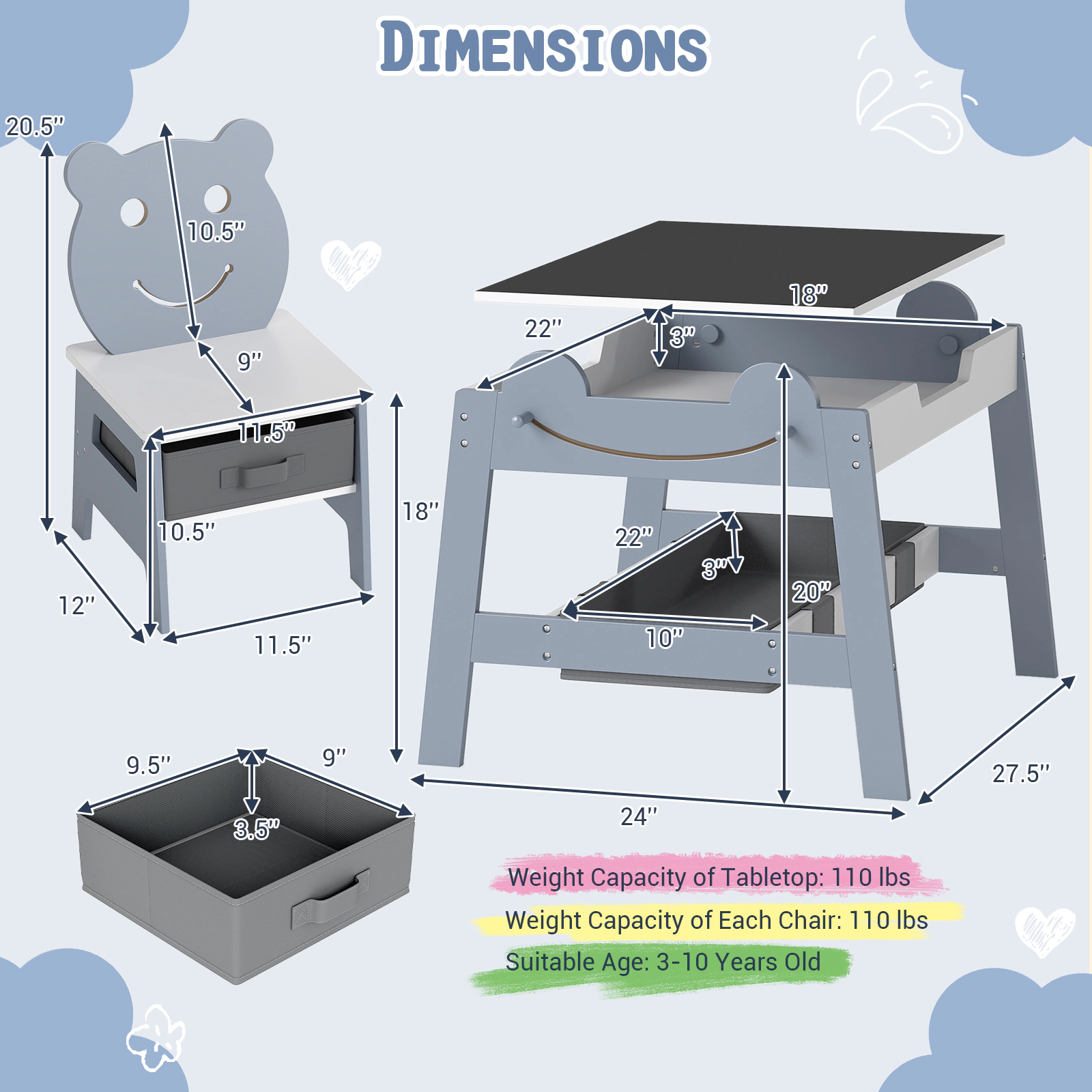 SUGIFT Gray Reversible Chalkboard Whiteboard Kids 5-in-1 Art Desk Set Table and 2 Chairs