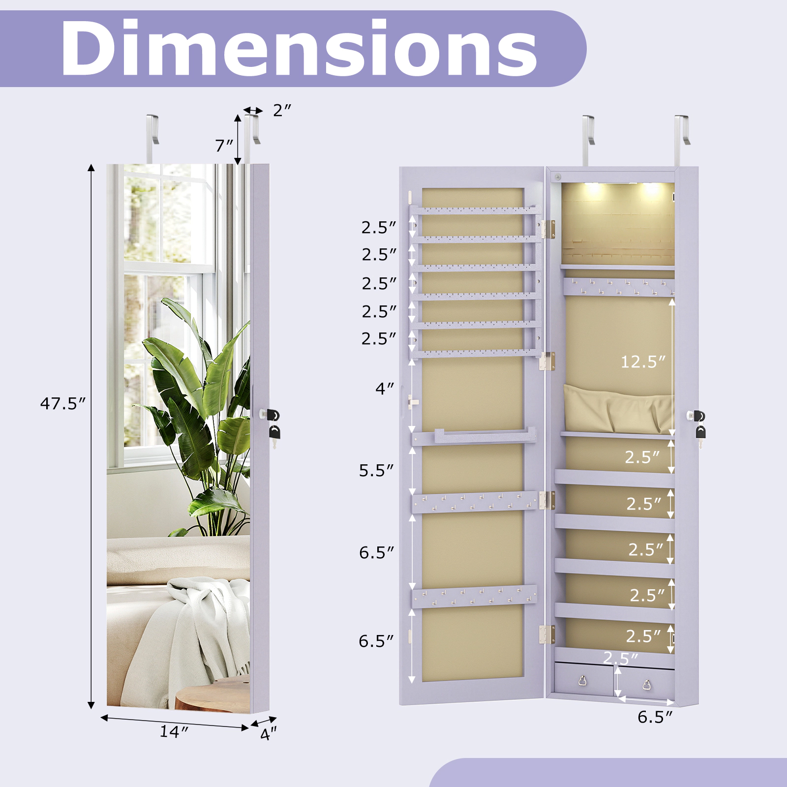SUGIFT Purple Lockable Mirrored Jewelry Cabinet Wall or Door Mounted Armoire with Velvet Liner Interior