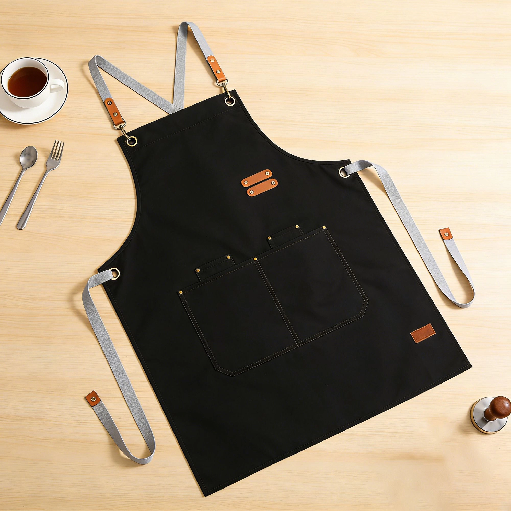 Alilang Unisex PU Leather Kitchen Apron with Adjustable Cross Back Straps Multi Pocket Work for Cooking