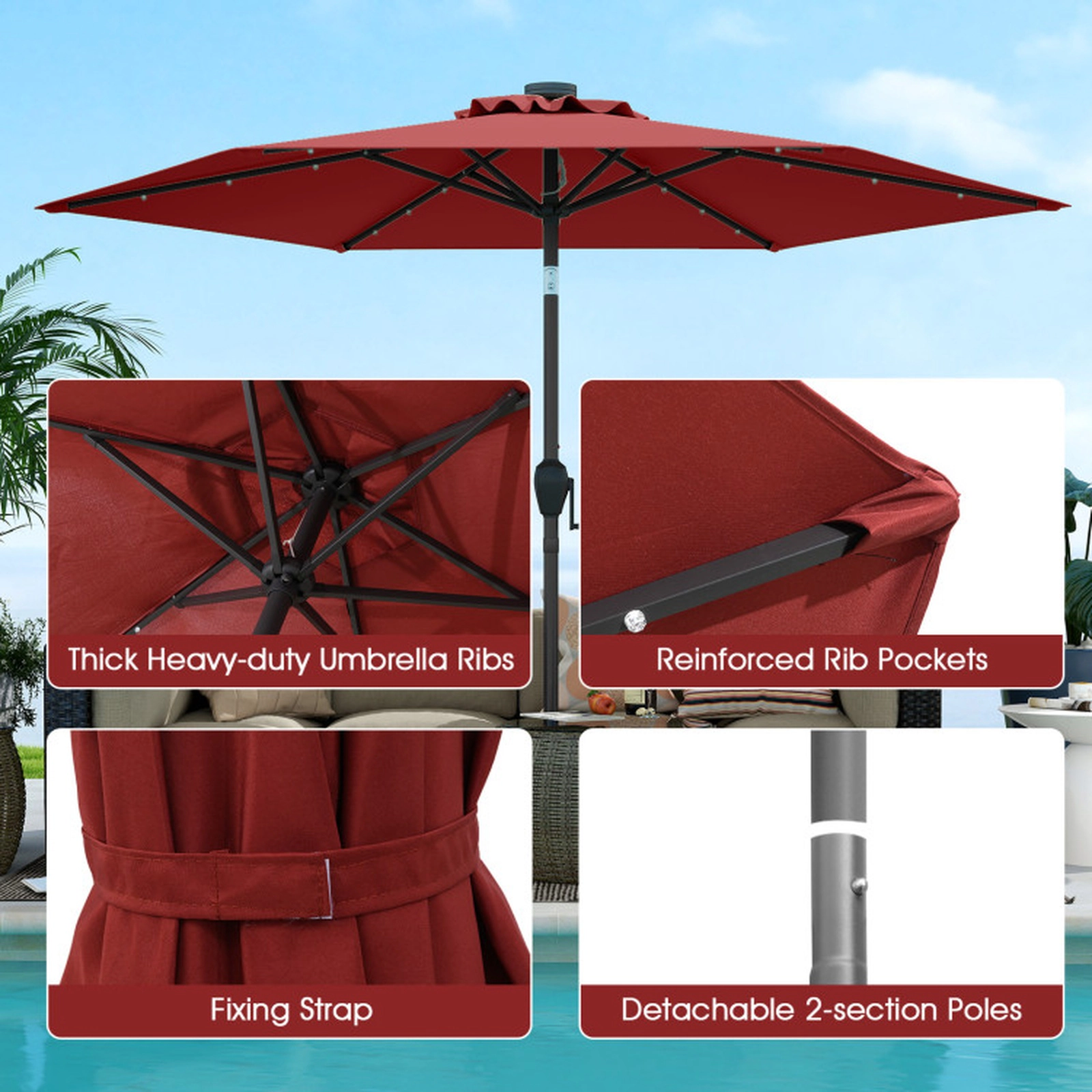 SUGIFT 7.5-ft Solar Powered Patio Umbrella with 18 LED Lights Crank Handle Metal Frame Polyester Canopy Burgundy