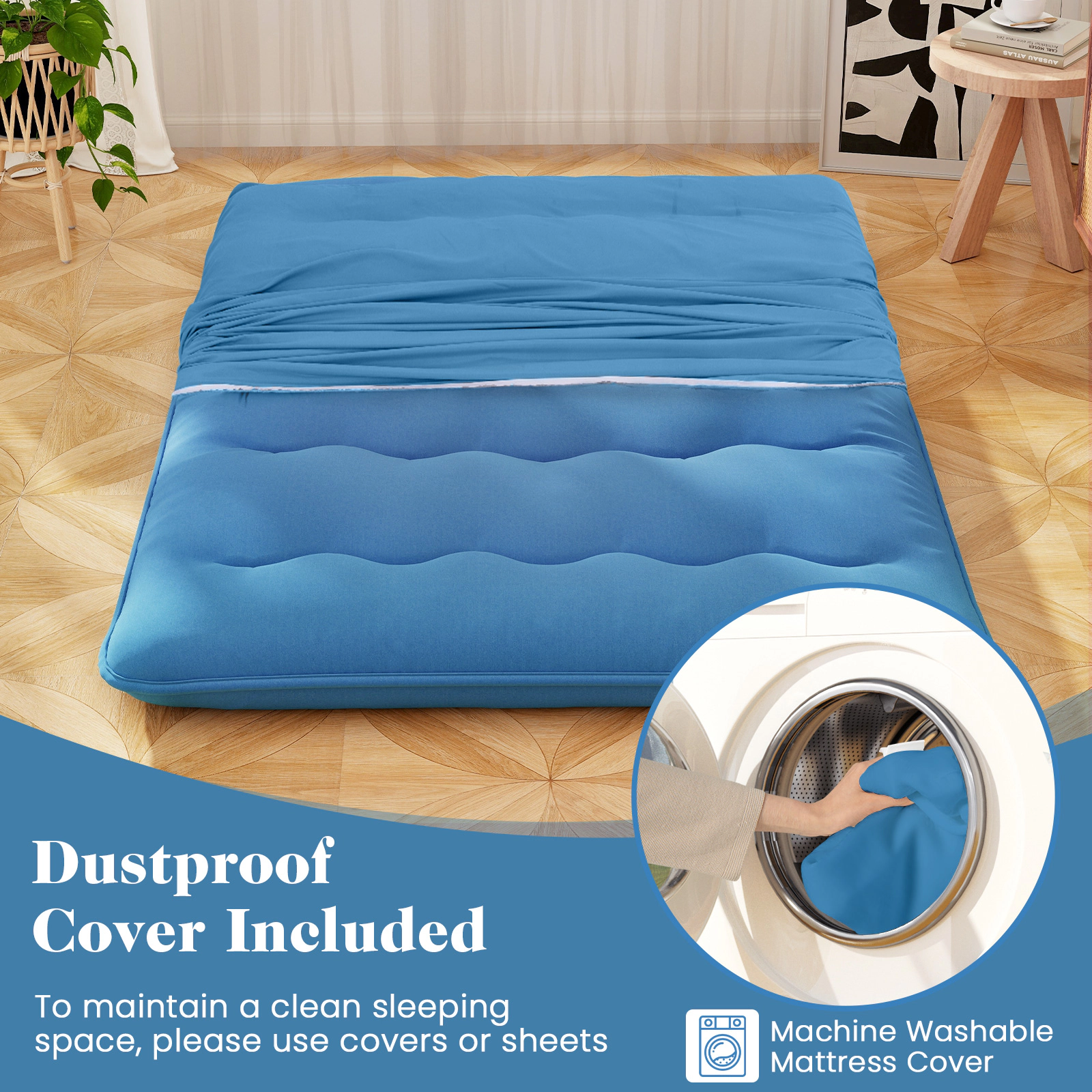 SUGIFT Blue Foldable Futon Mattress, 80 x 39 x 4 in, Washable Cover and Carry Bag