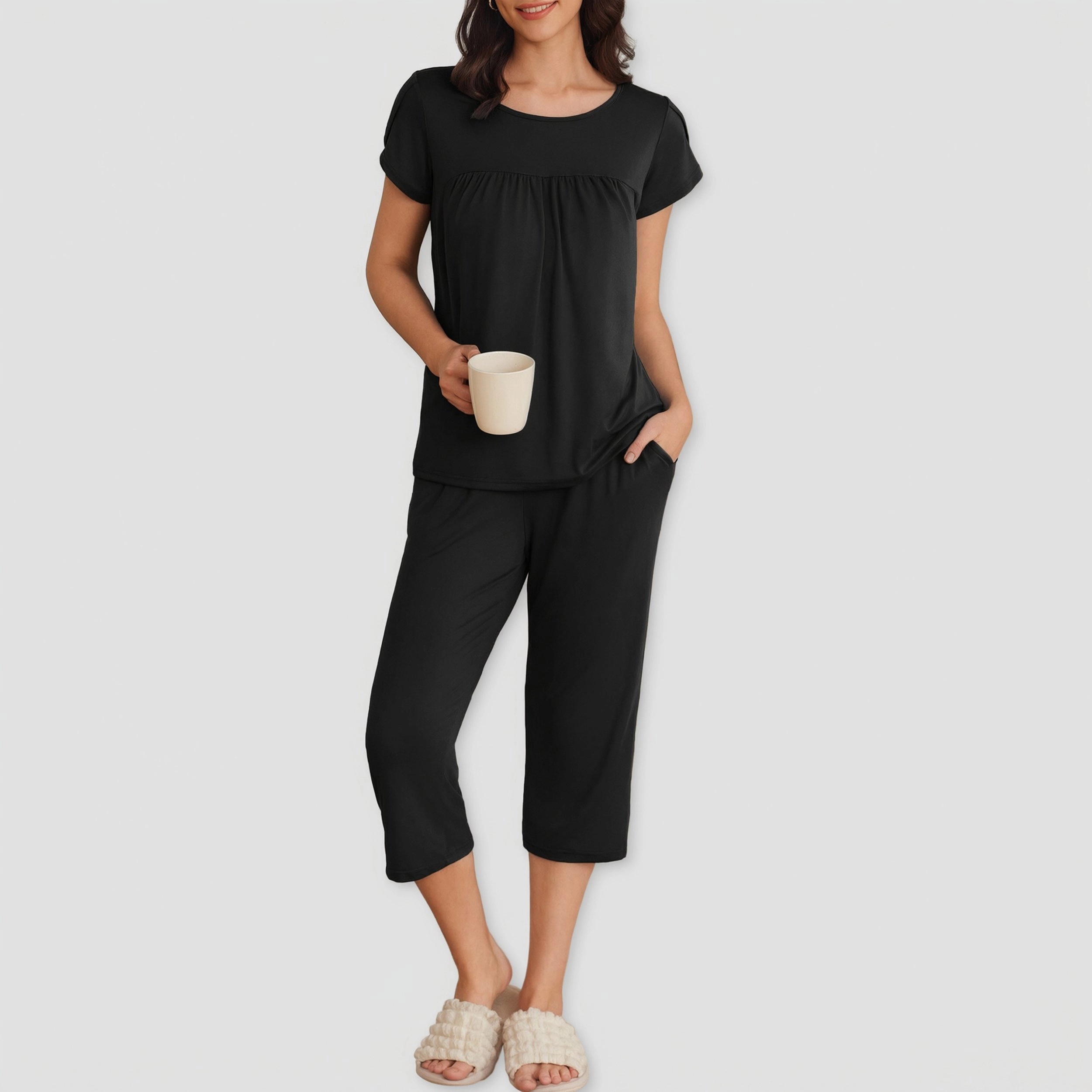 Ekouaer Women's Short Sleeve Pleated Top & Capri Pajama Pants Set