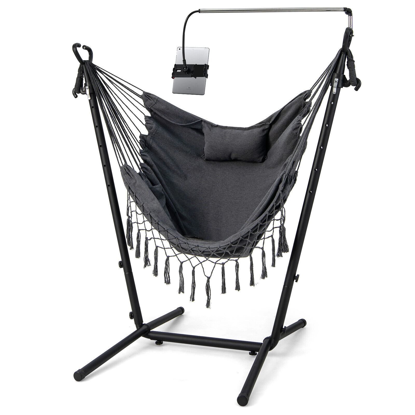 SUGIFT Height Adjustable Hammock Chair with 119° U-Shaped Stand, Phone Holder and Side Pocket 550-lb Capacity Gray