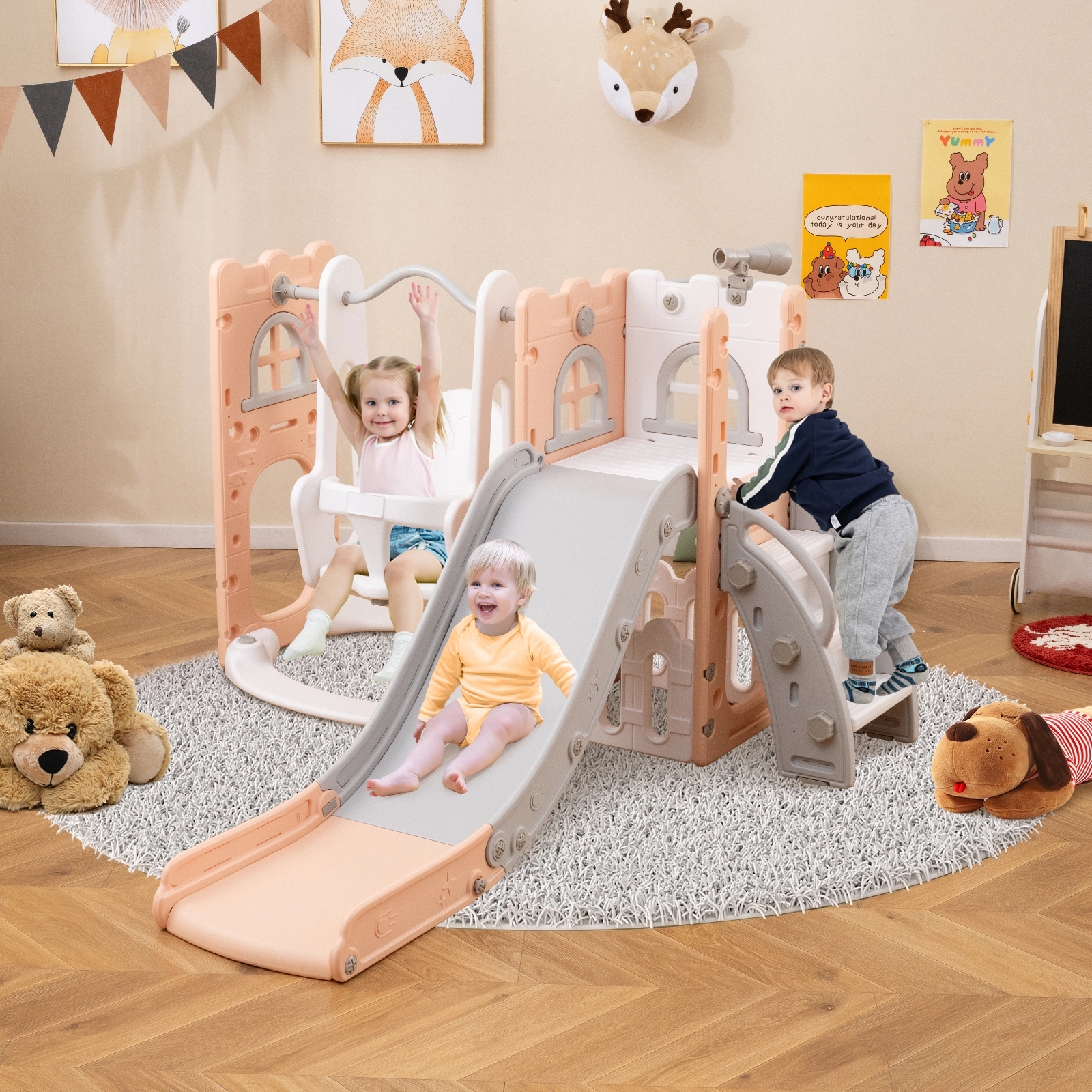 SUGIFT 7-in-1 Toddler Swing & Slide Set L-shaped with Ladder & Basketball Hoop 110-lb Capacity Ages 1-3 Pink & White
