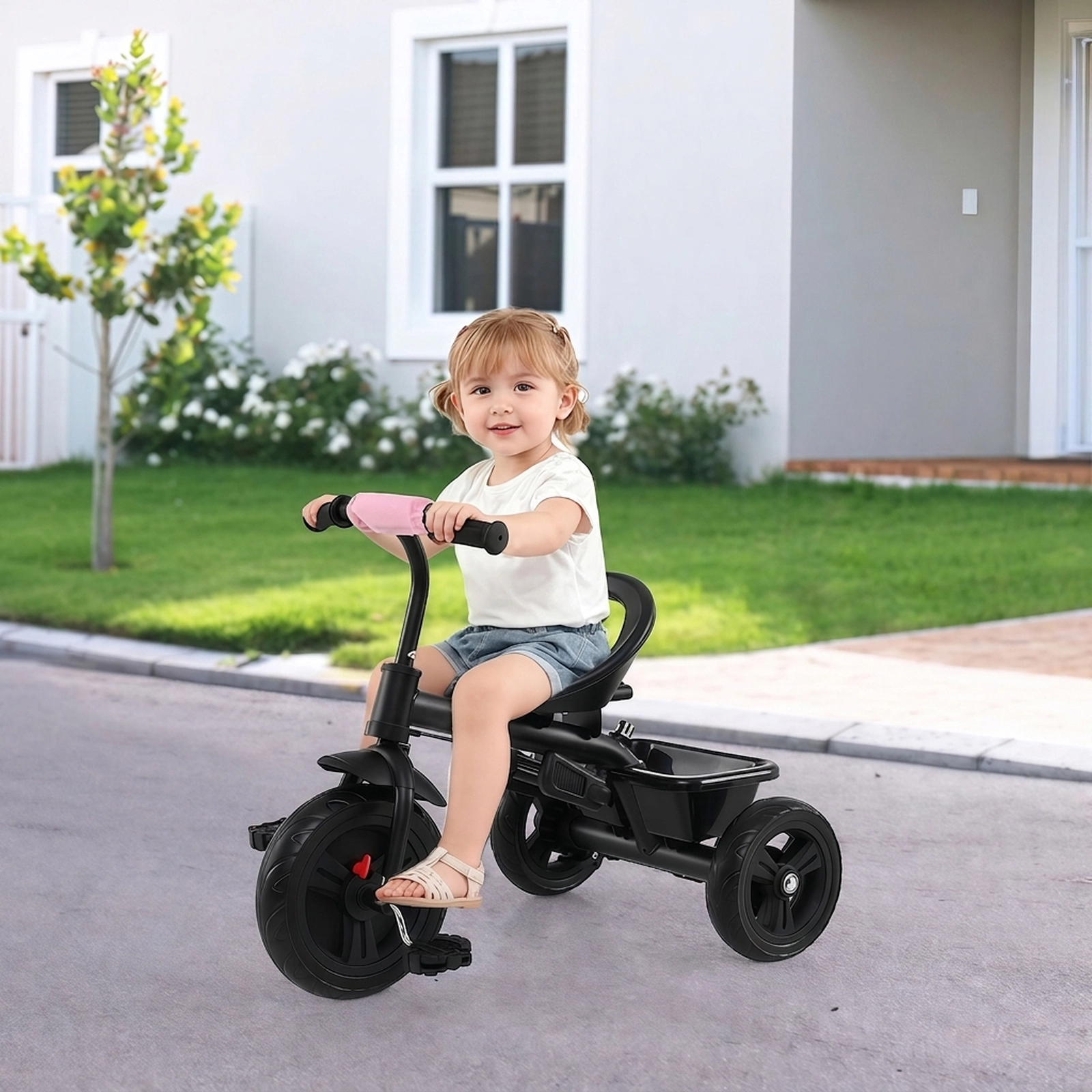 SUGIFT Toddler Pink 7-in-1 Baby Tricycle with Adjustable Canopy 38-in W 41-in to 55-in H 55-lb Seat Capacity