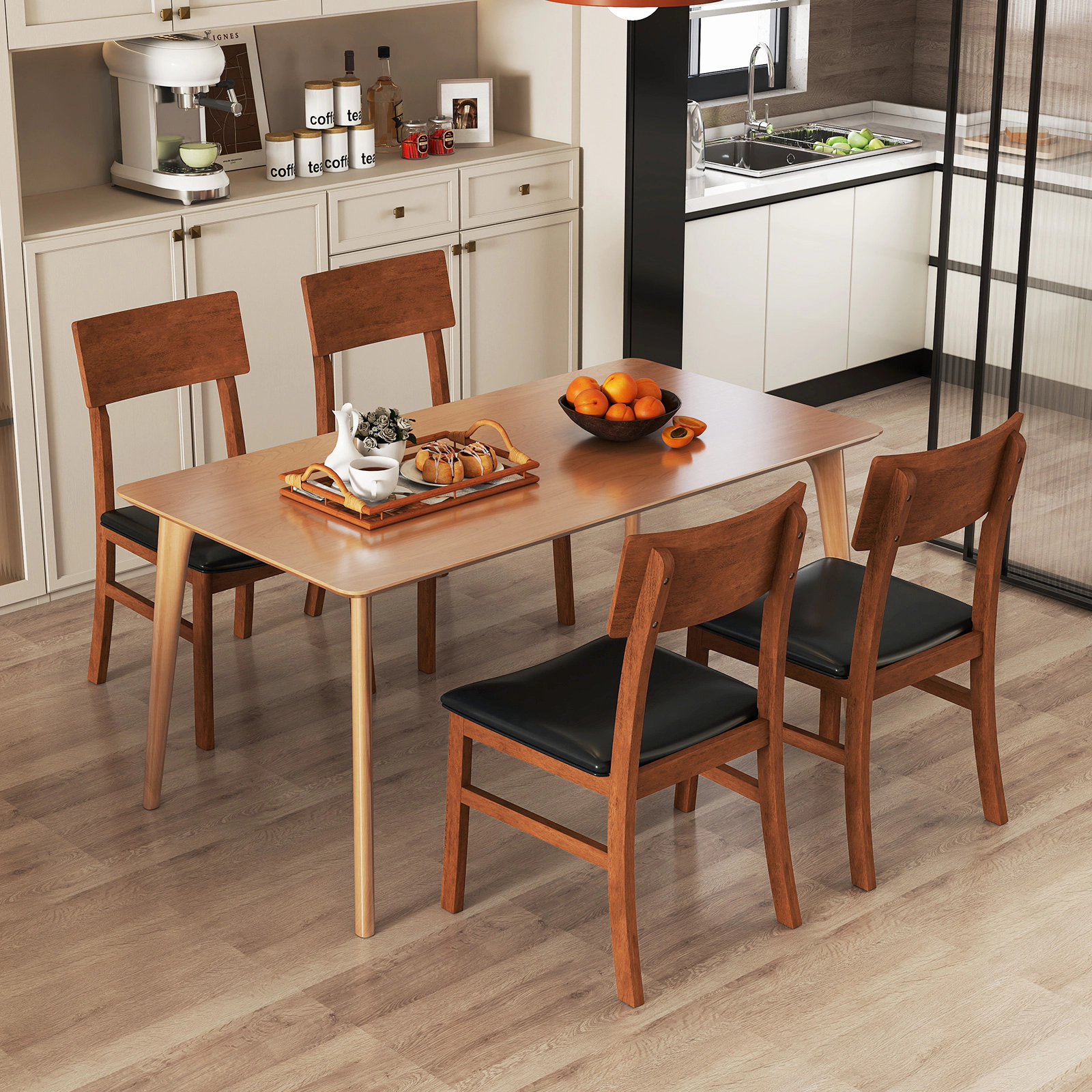 SUGIFT Black Rubber Wood Legs Faux Leather Upholstered Seat Set of 2 Dining Chairs