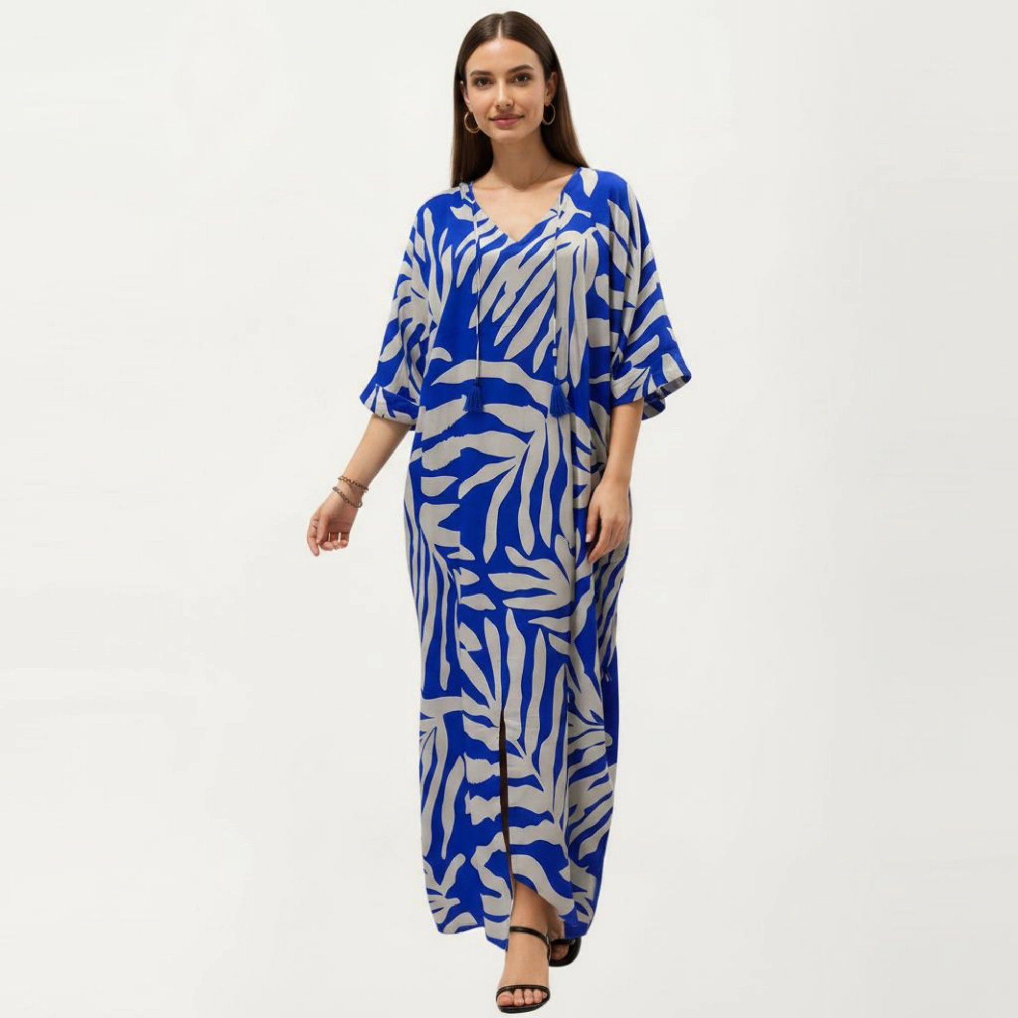 Anna-Kaci Women's Tropical Leaf Print Kaftan Maxi Dress with V-Neckline and Flowy Oversized Silhouette
