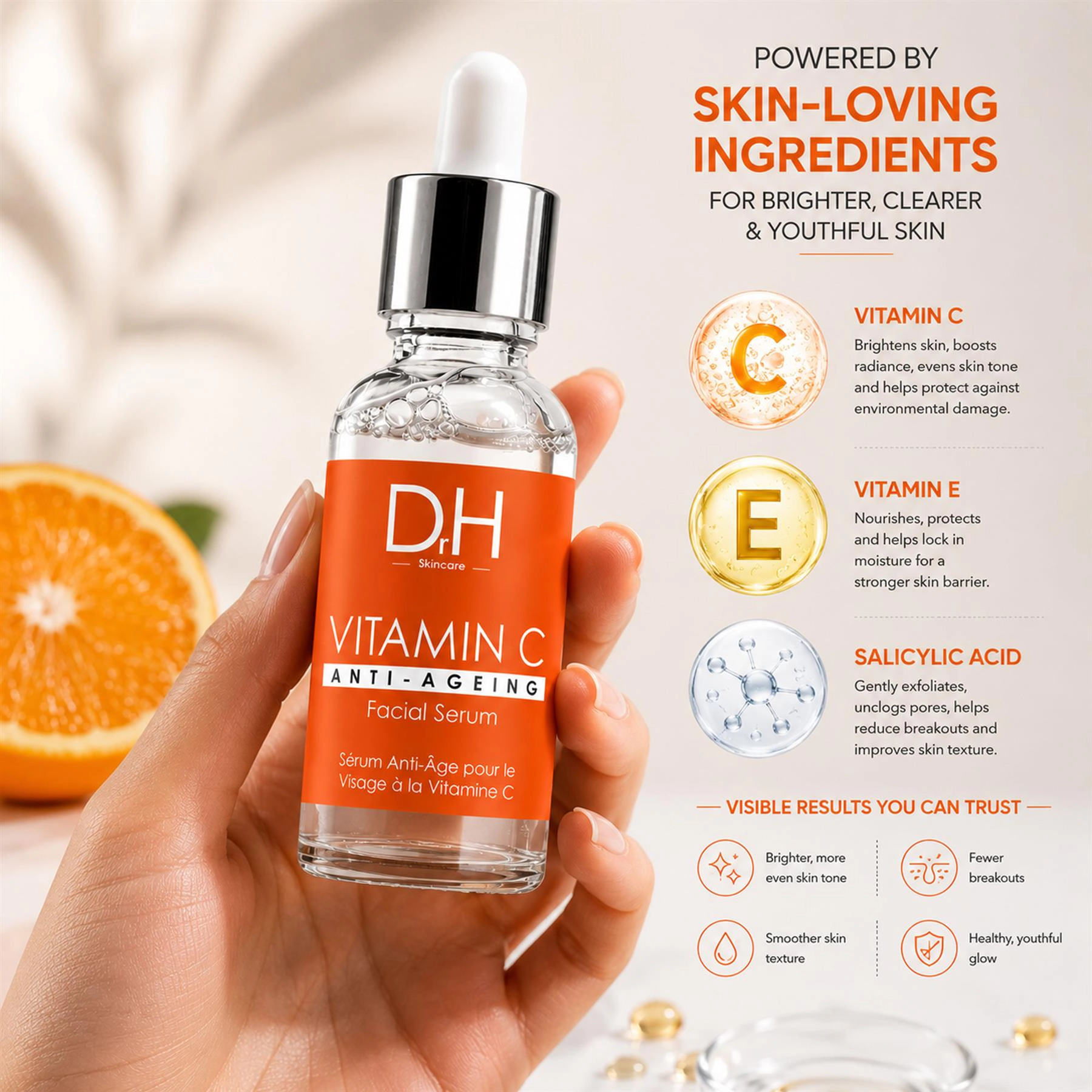 Dr H Anti-Ageing Vitamin C Facial Serum 30ml - Targets Acne, Blemishes & Large Pores