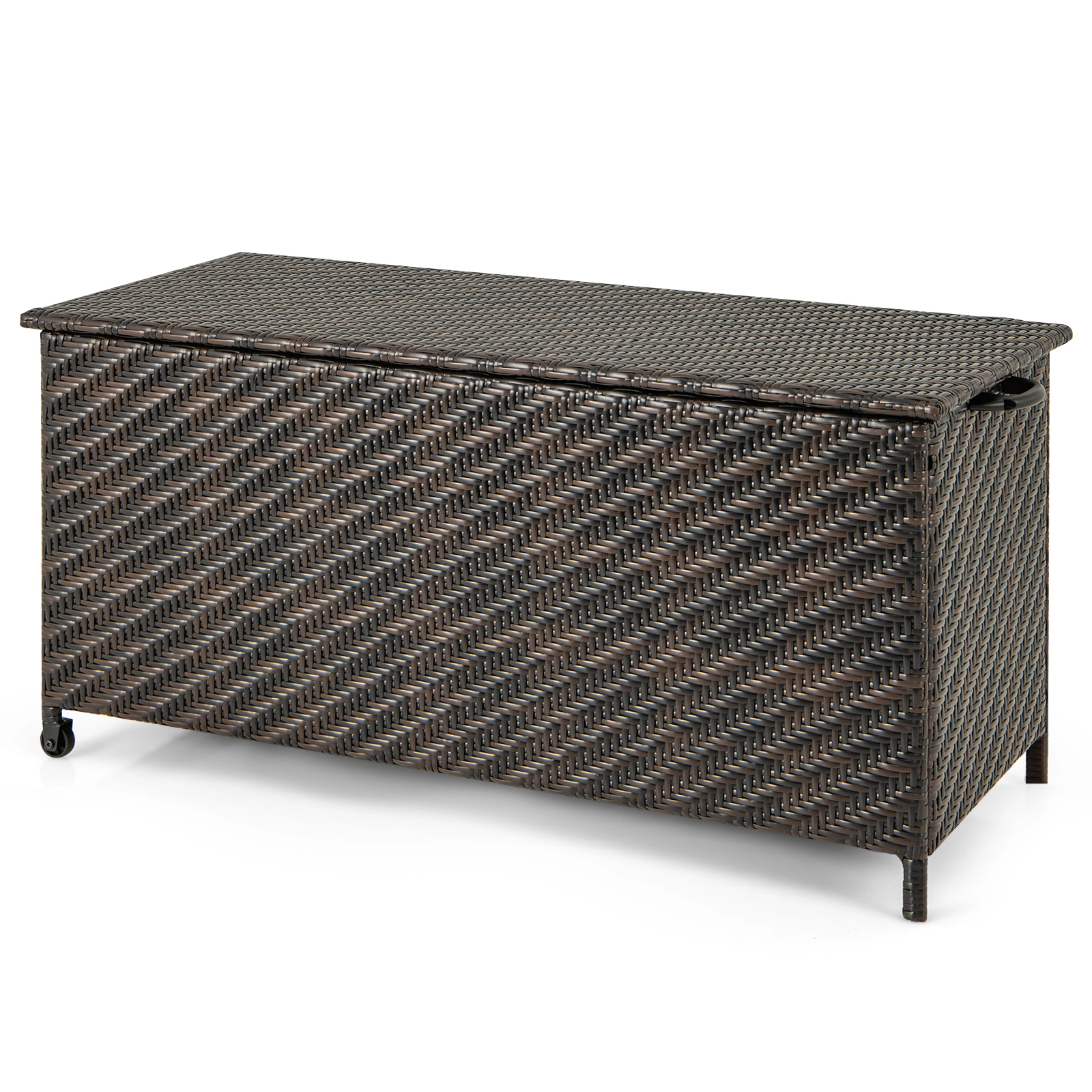 SUGIFT 85 Gallon PE Rattan Outdoor Storage Box with Removable Liner Universal Wheels 66-lb Top Capacity Brown/Black