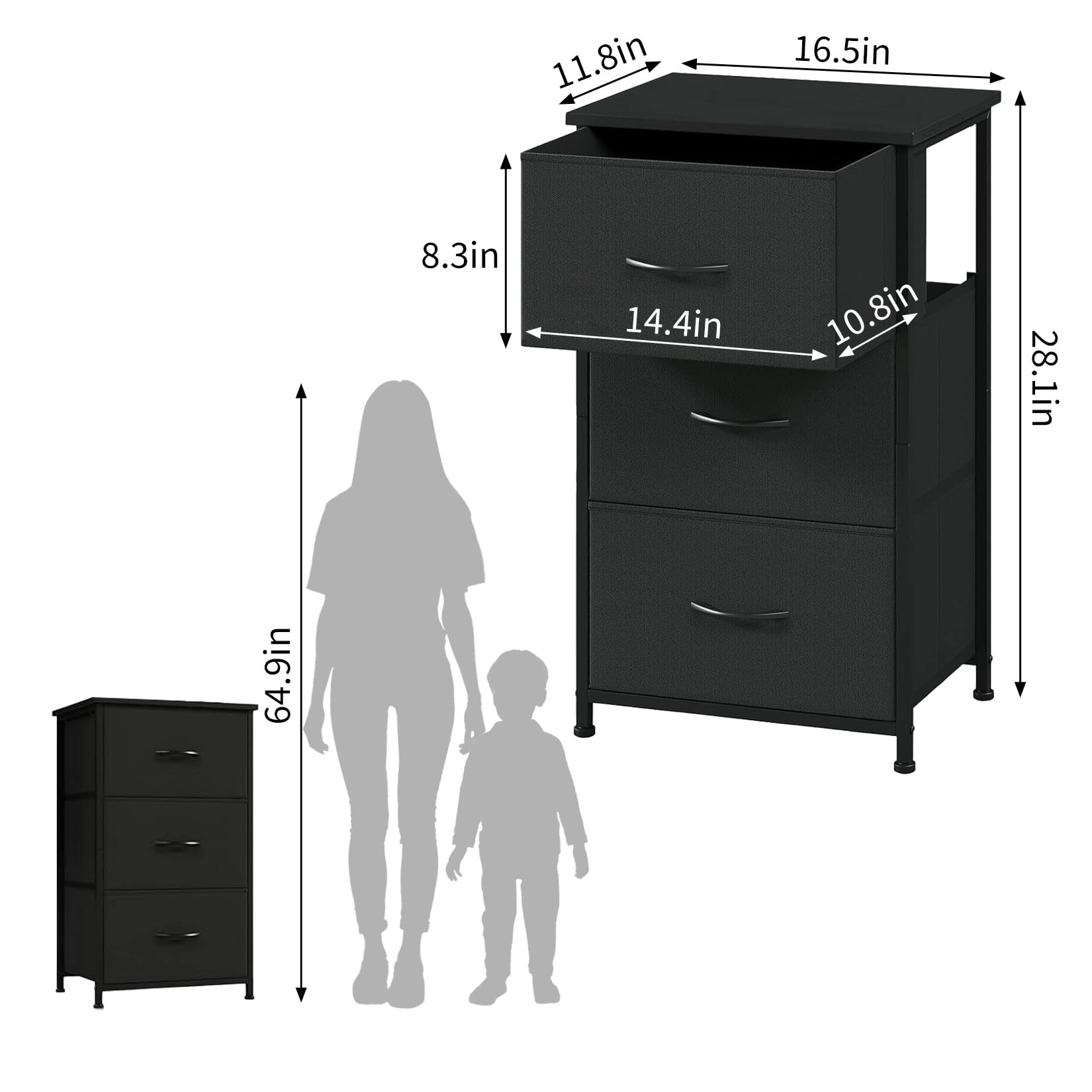 3-Drawer Dresser with Removable Fabric Bins, Slim Wood Grain Storage Organizer for Small Spaces
