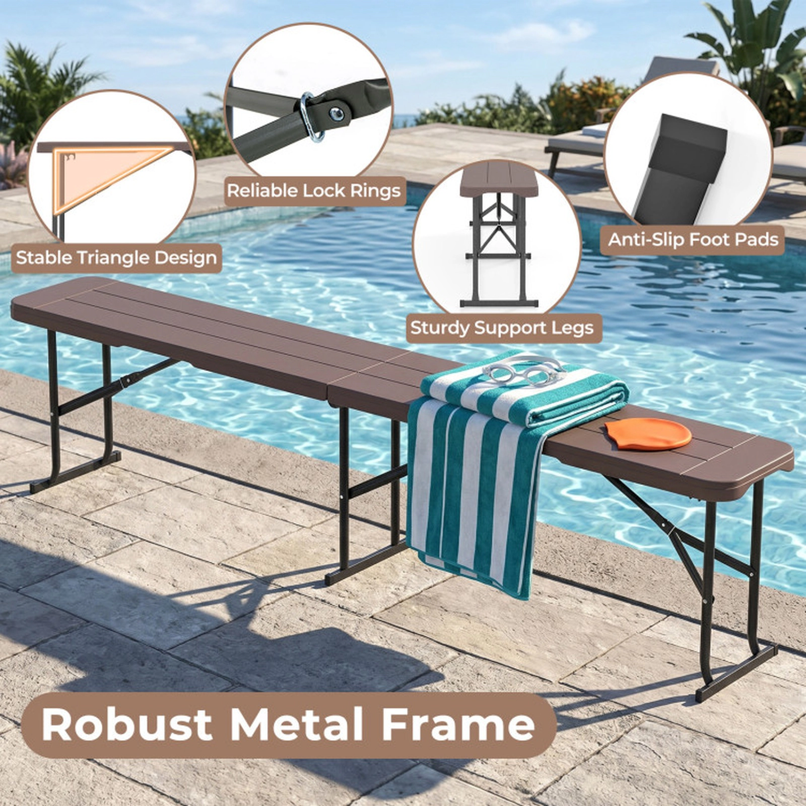 SUGIFT Plastic Folding Bench Picnic Camping Dining Seat 660-lb Capacity Coffee with Carrying Handle
