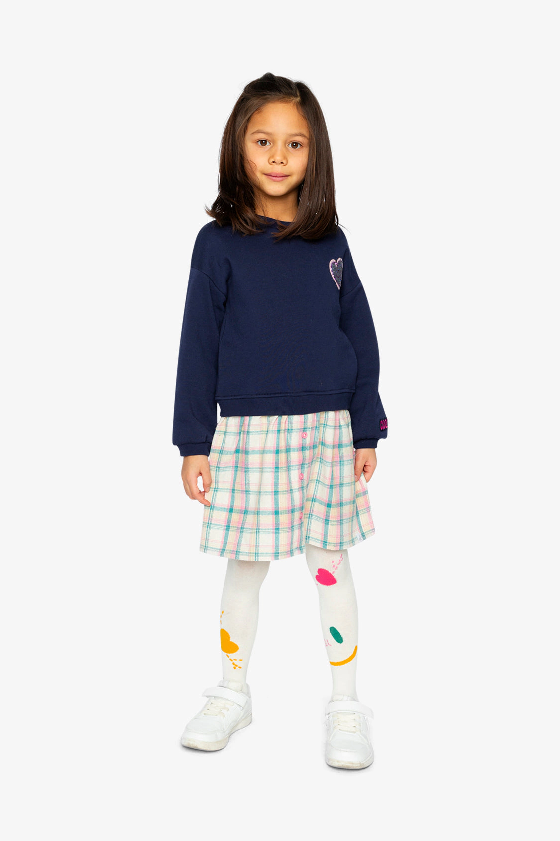 Deux par Deux Girls Heart Appliqué Plaid Bi-Material Dress