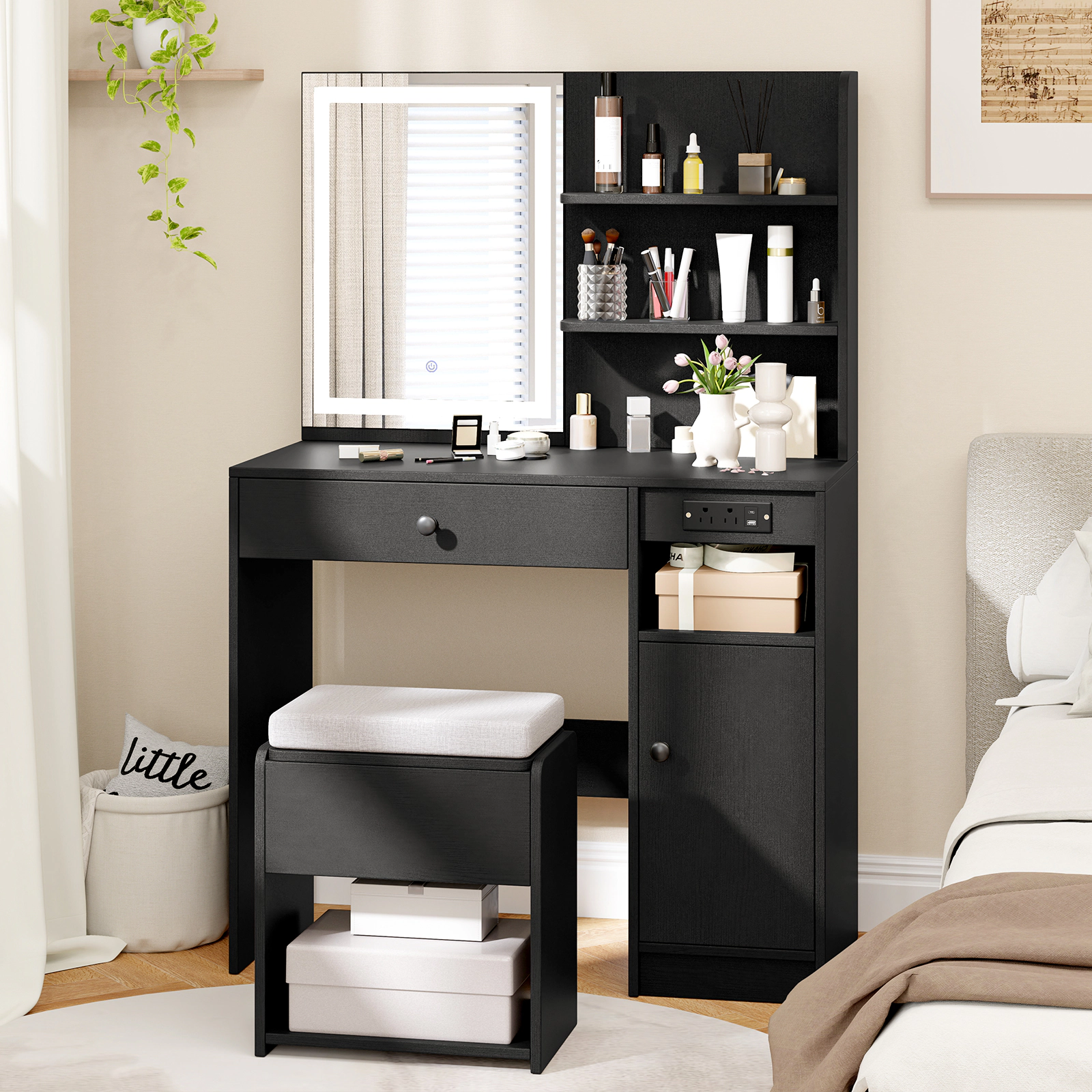 SUGIFT Lighted Vanity Desk Mirror Built-In Outlets & Storage Stool 110-Lb Tabletop 330-Lb Stool Capacity White/Black