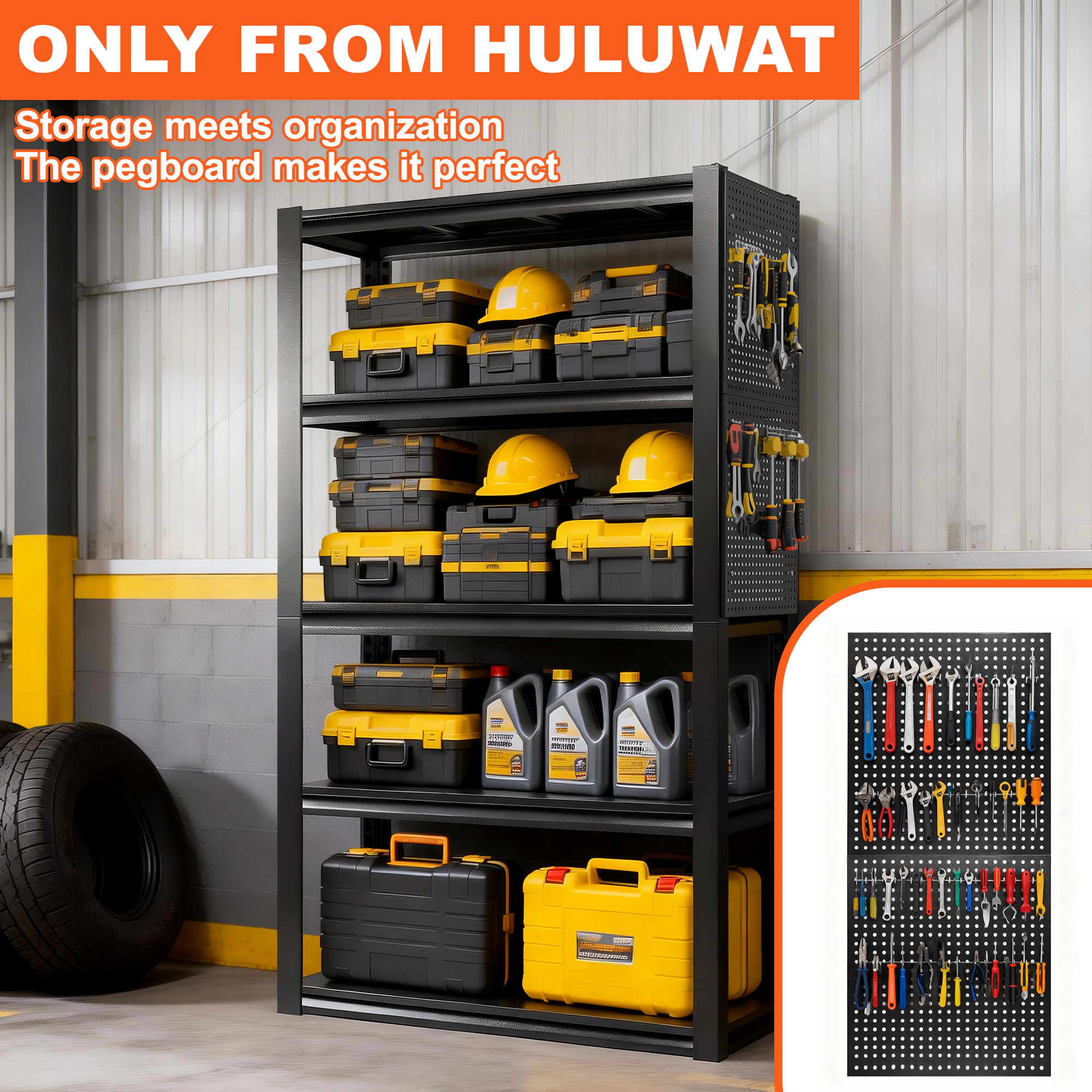 Flynama 5 Tier Black Metal Utility Shelving 47.2W x 23.6D x 72H in with Pegboard Solid Ventilated Shelves Heavy Duty