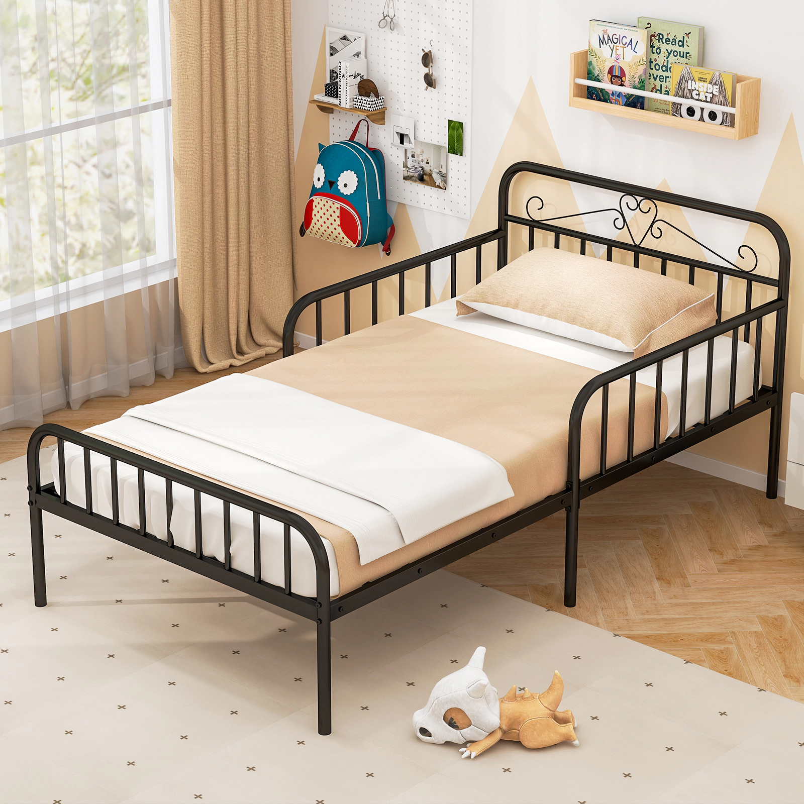 SUGIFT Metal Twin Size Bed Frame with Headboard & Safety Side Guardrails 485-lb Capacity Twin Mattress Compatible Black