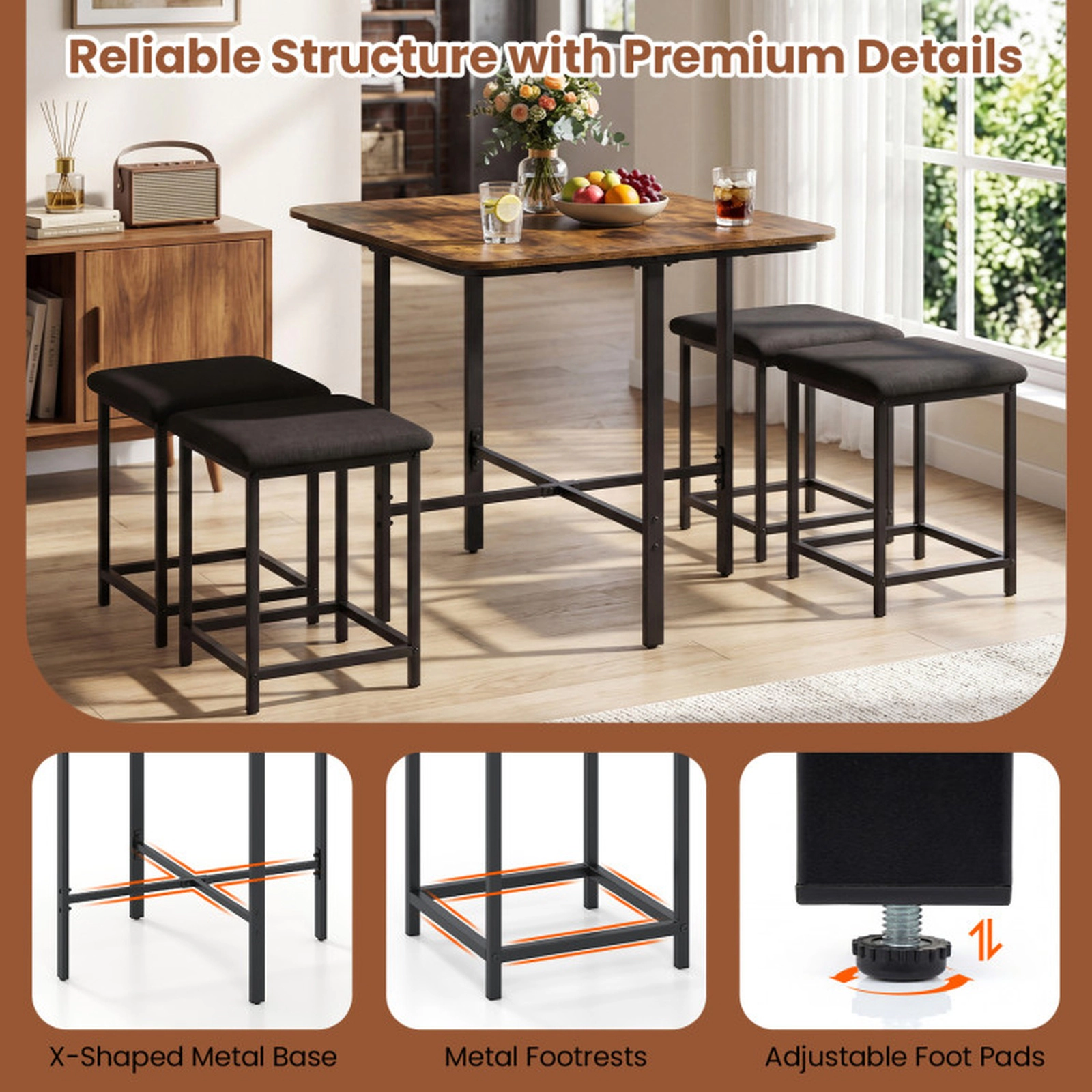 SUGIFT 5-Piece Square Dining Set for 4 with Linen Stools, 35.5-Inch Table