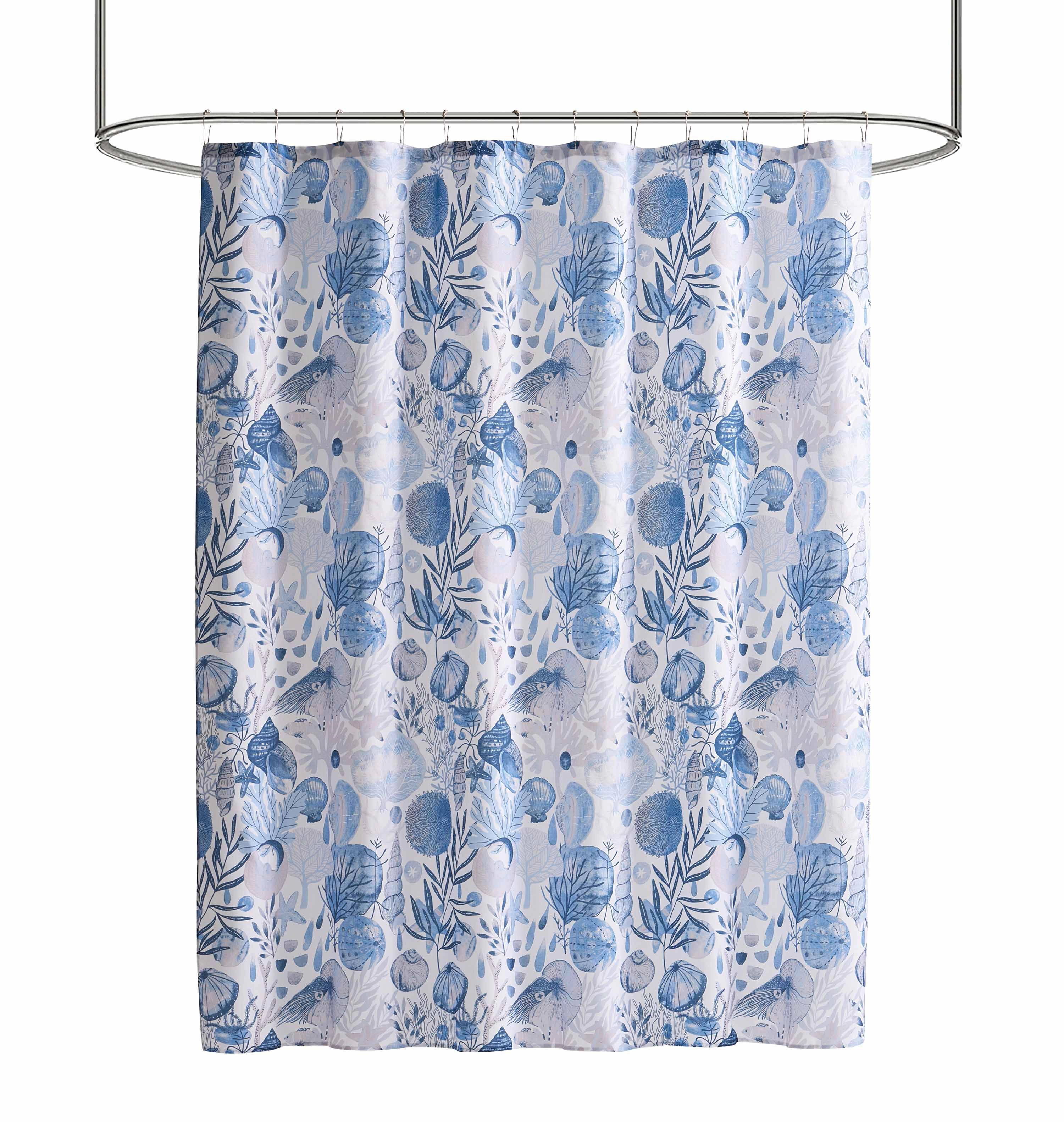 Kate Aurora Nantucket Harbor Blue Coral & Seashells Fabric Shower Curtain