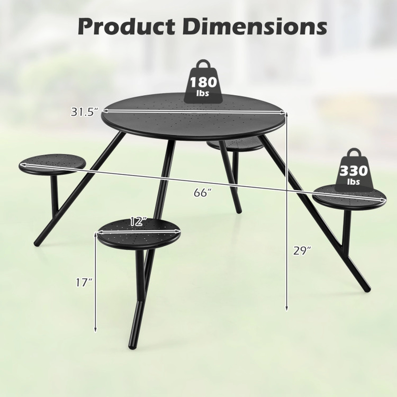 SUGIFT Round Galvanized Iron Picnic Table for 4 with 31.5-in Top 180-lb Table 330-lb Seats Umbrella Hole Black