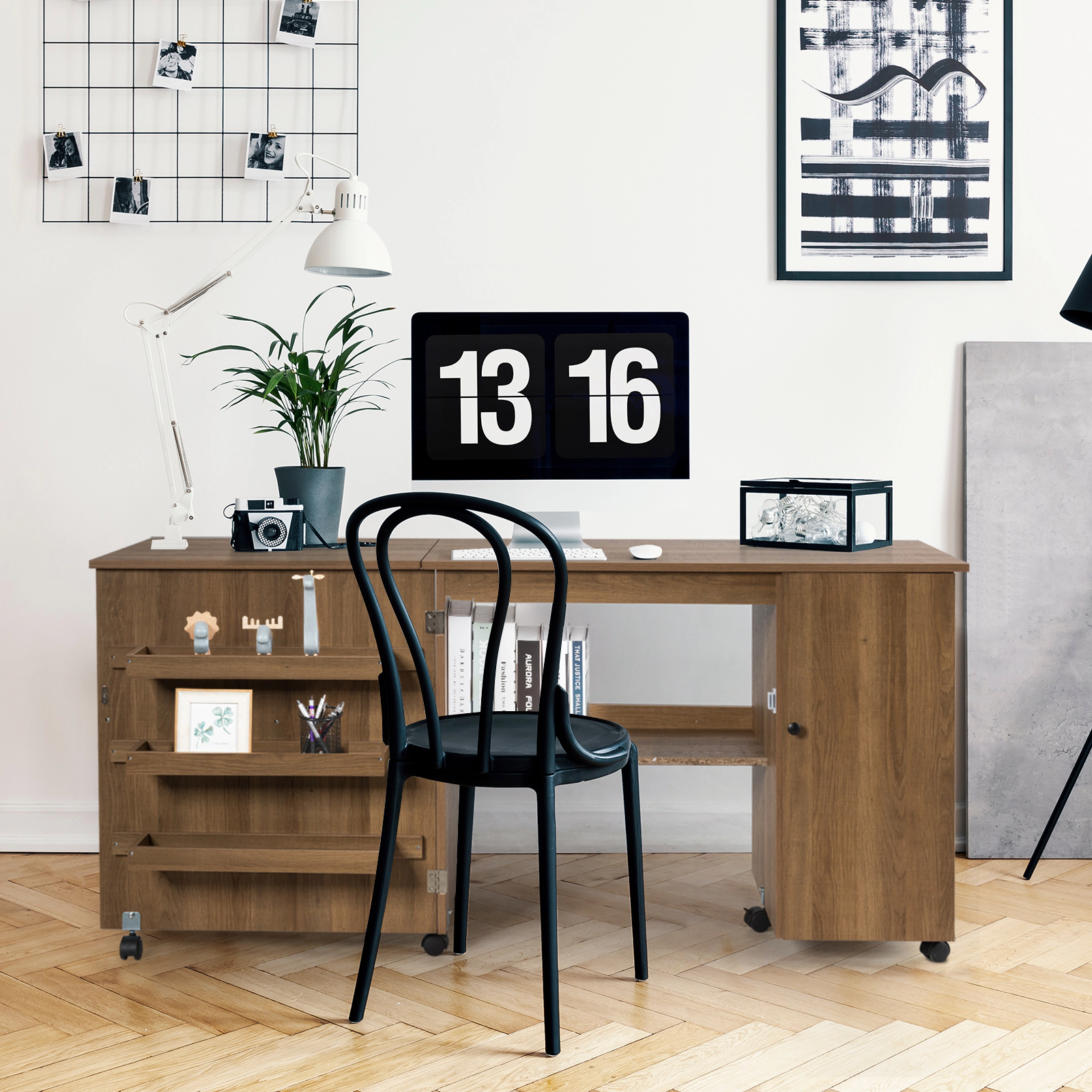 SUGIFT Folding Cabinet 3 Storage Bins Rolling Sewing Craft Table Desk 62.5-in x 20-in x 29-in Folds to 38.5-in Natural