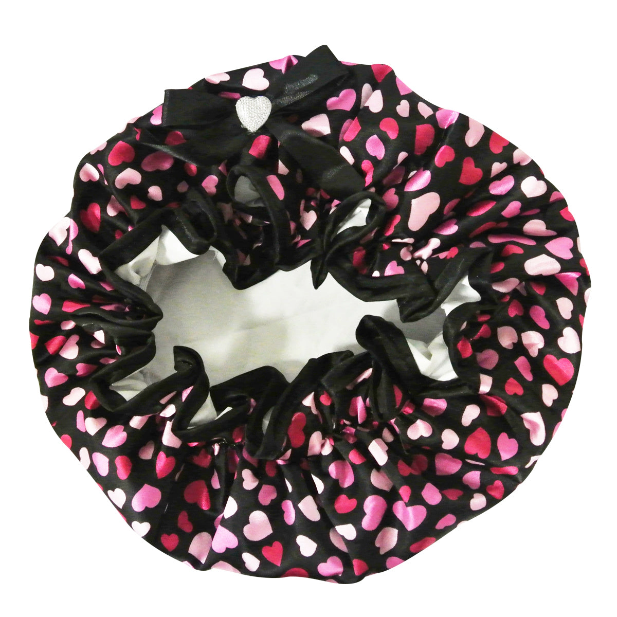 Wrapables Women's Stylish Satin Shower Cap, Hearts & Black Bow