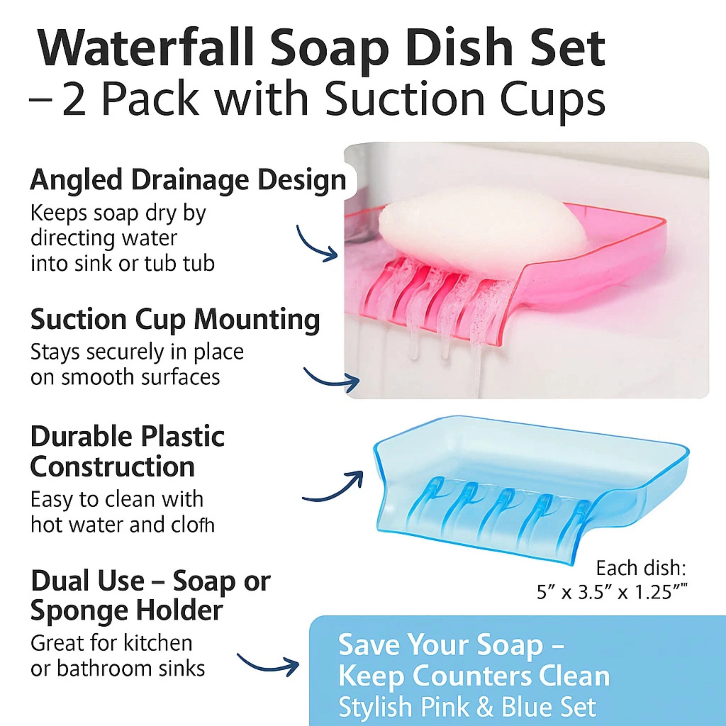 Home Collection Waterfall Soap Dishes with Suction Cups Soap Saver Trays Pack of 2