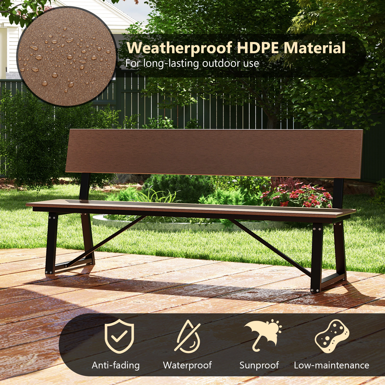 SUGIFT 72-in Extra Long Outdoor Garden Bench with Backrest 1100-lb Capacity Brown/Gray