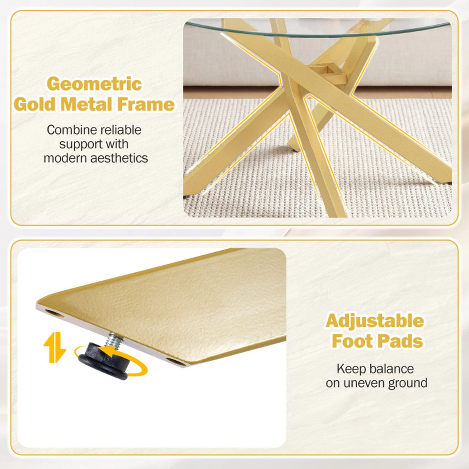 SUGIFT Round Tempered Glass Top Crossed Metal Legs Coffee Table 31.5-in x 31.5-in x 17.5-in 110-lb Capacity Gold