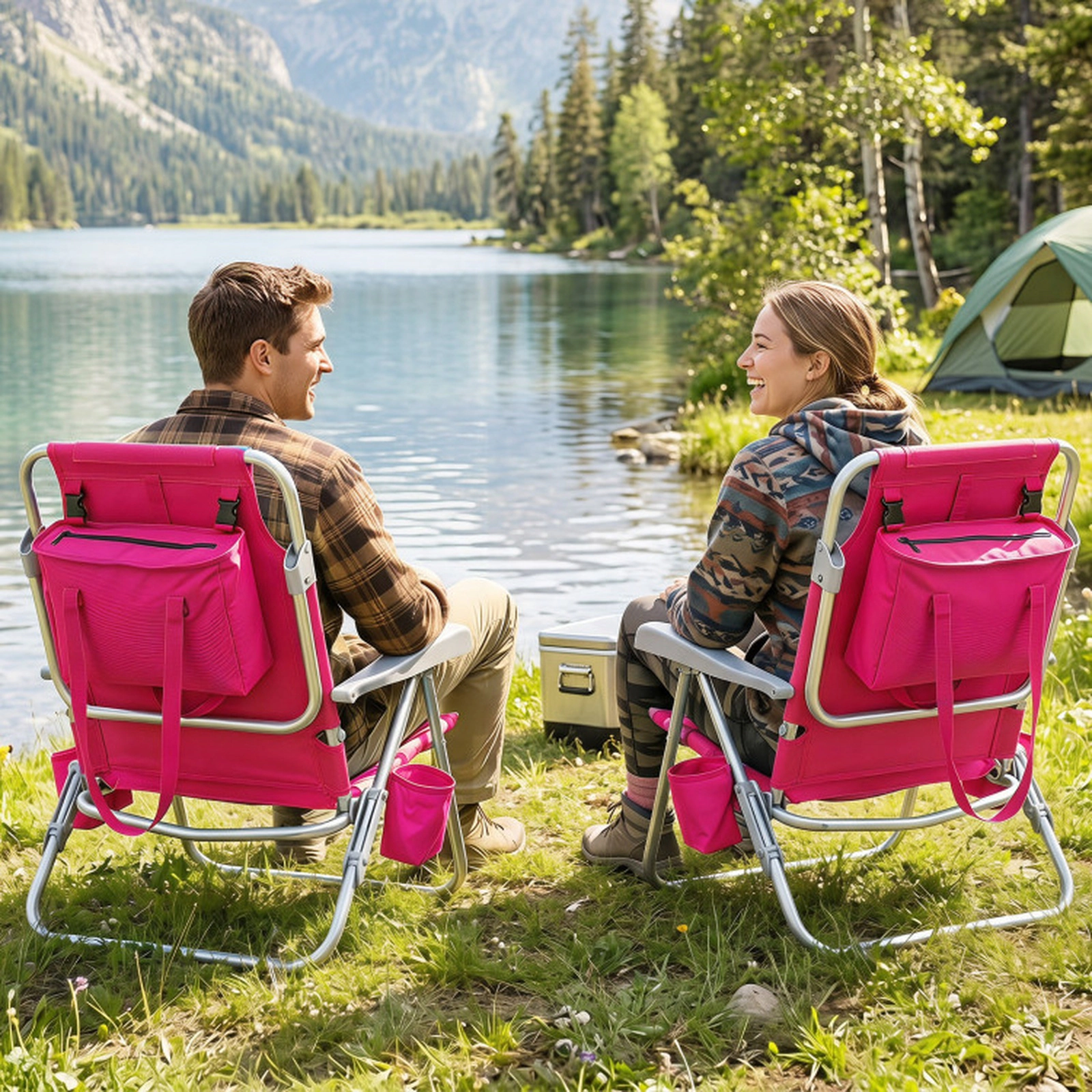 SUGIFT 2-Pack Pink Folding Backpack Beach Chairs with 7-Position Recline, Cooler Bag and Cup Holders