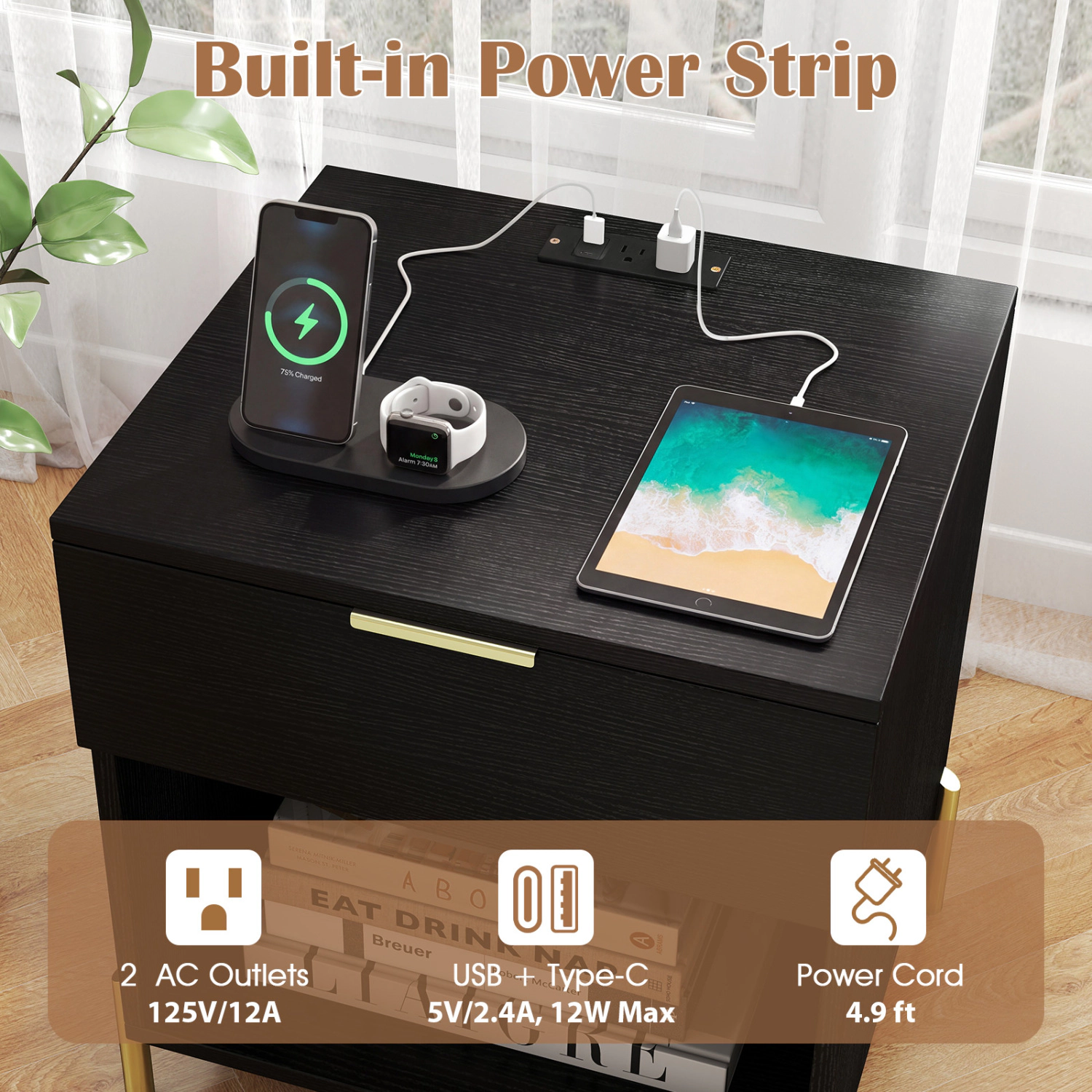 Hivvago Modern Nightstand With Charging Station