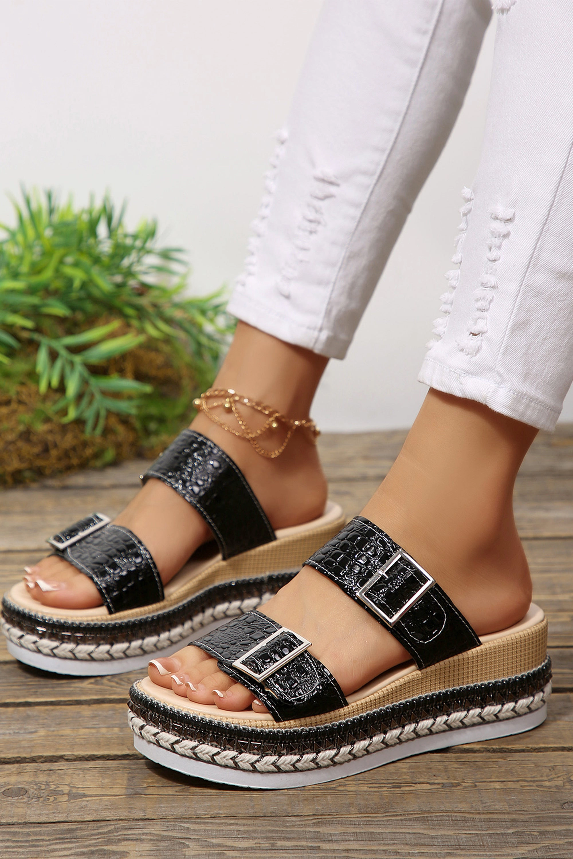 Threaded Pear Womens Tess Wedge Platform Slippers - Slip-On PU Leather, Low