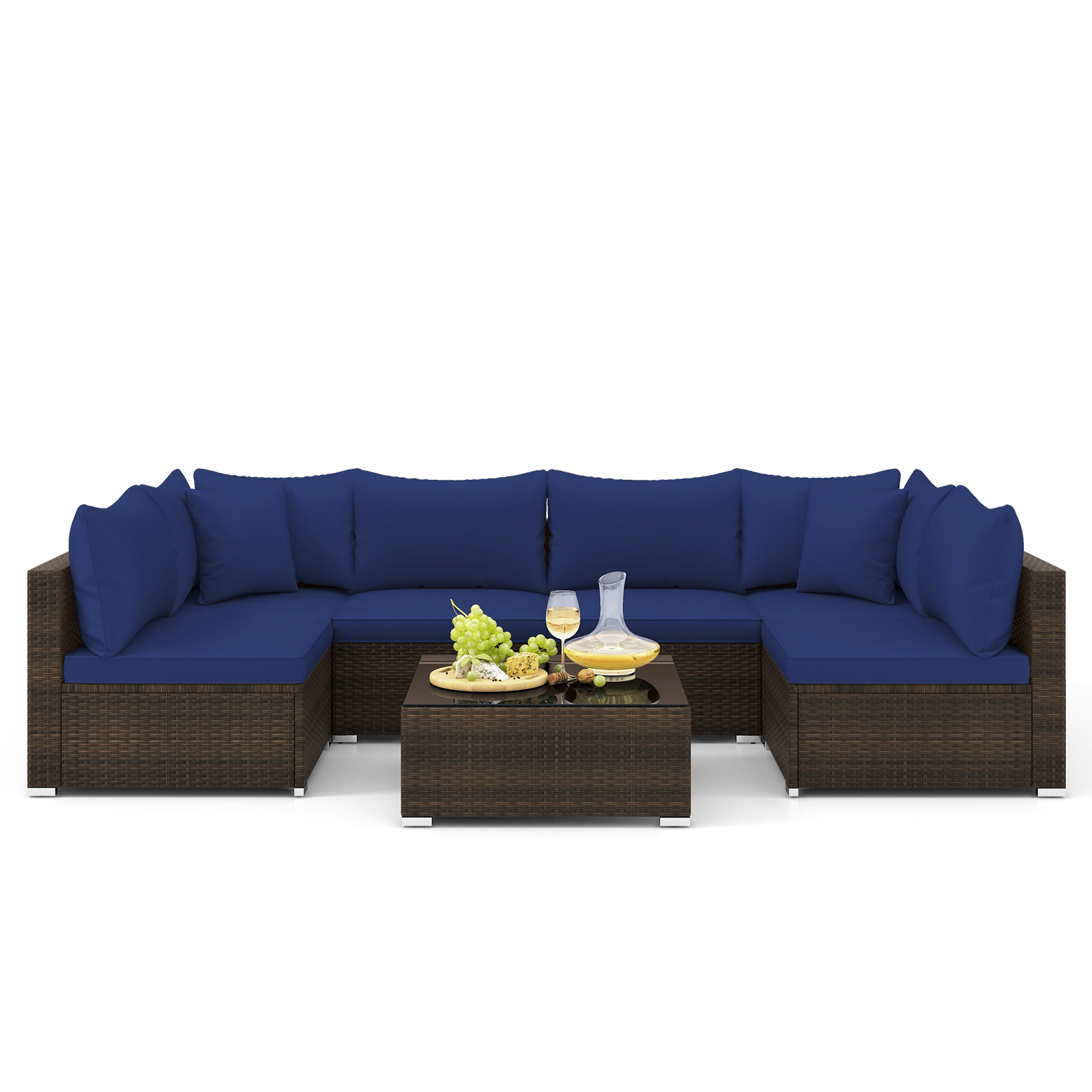 LJG 7 Pieces Patio Rattan Furniture Set with Sectional Sofa Cushions