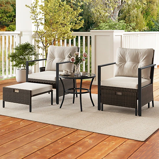 SUGIFT 4-Piece Mix Brown PE Rattan Patio Set with Ottomans and Glass Table