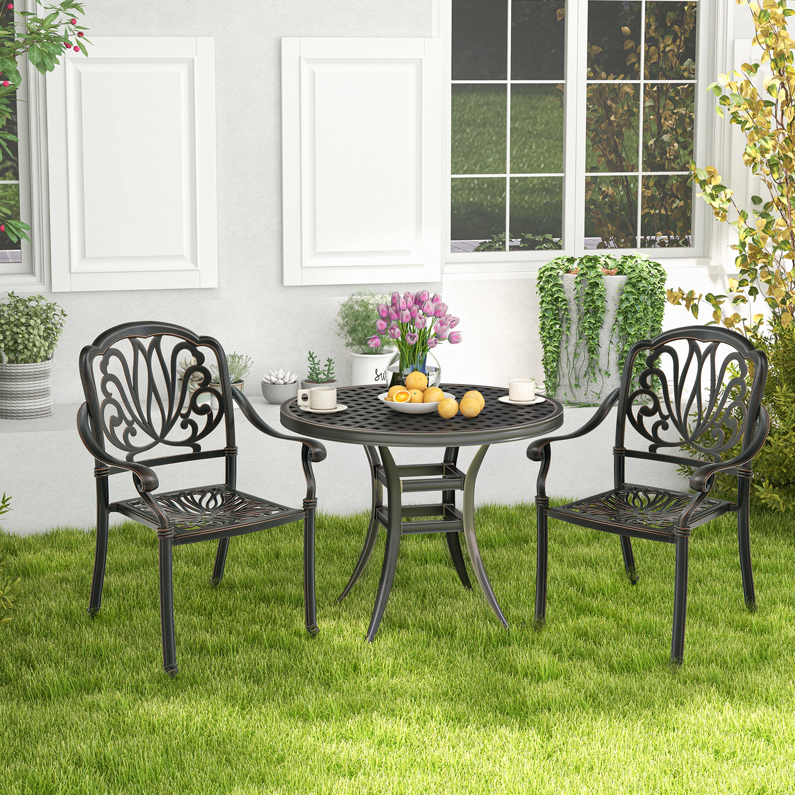 LJG 2 Pieces Patio Cast Aluminum Dining Chairs with Armrests